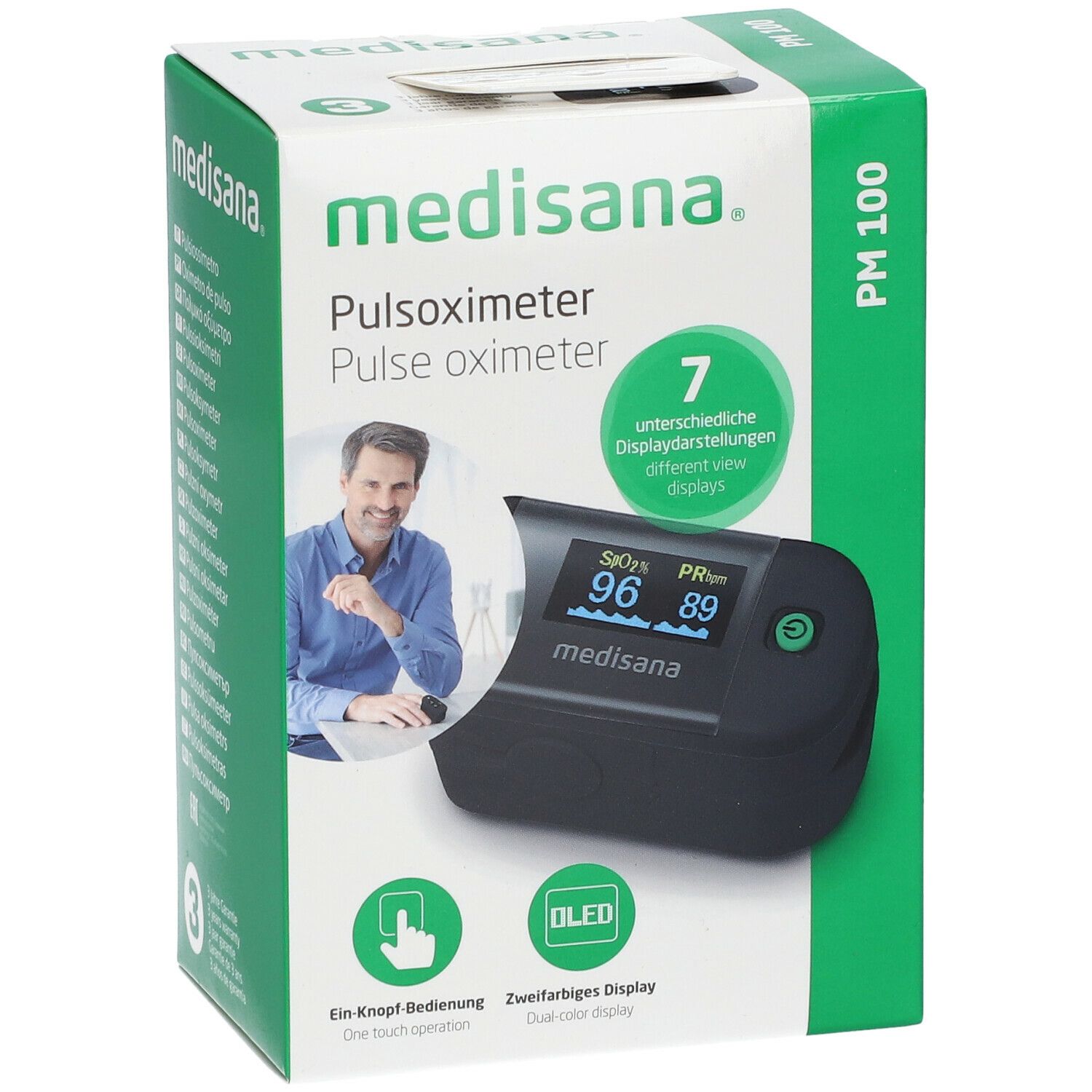 Verpakking van de Medisana pulsoximeter PM 100. Op de voorkant is het apparaat met display afgebeeld. Tekst: Pulsoximeter, OLED.