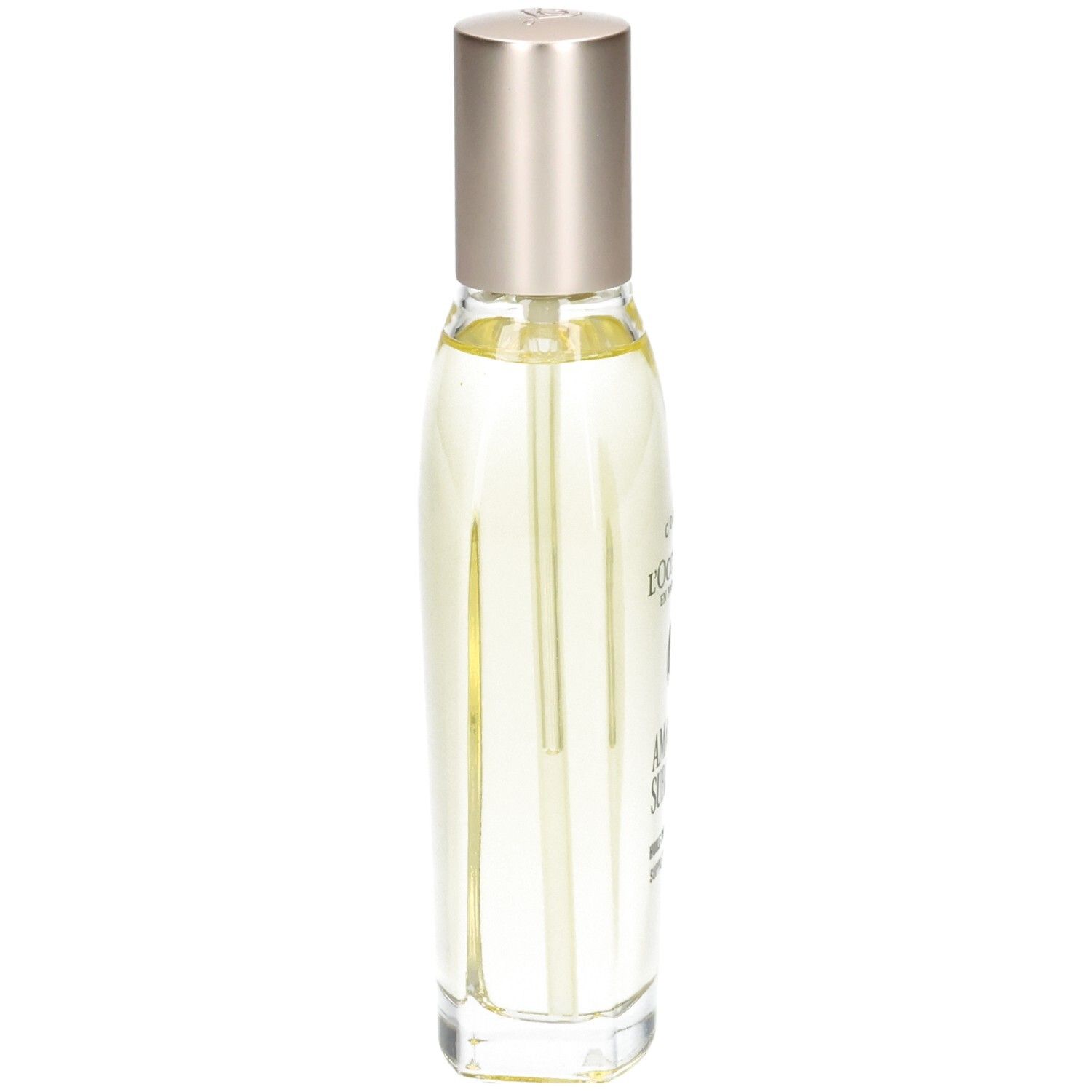 L'OCCITANE Mandelöl: Seitenansicht des Flakons mit Pumpspender und silbernem Verschluss.