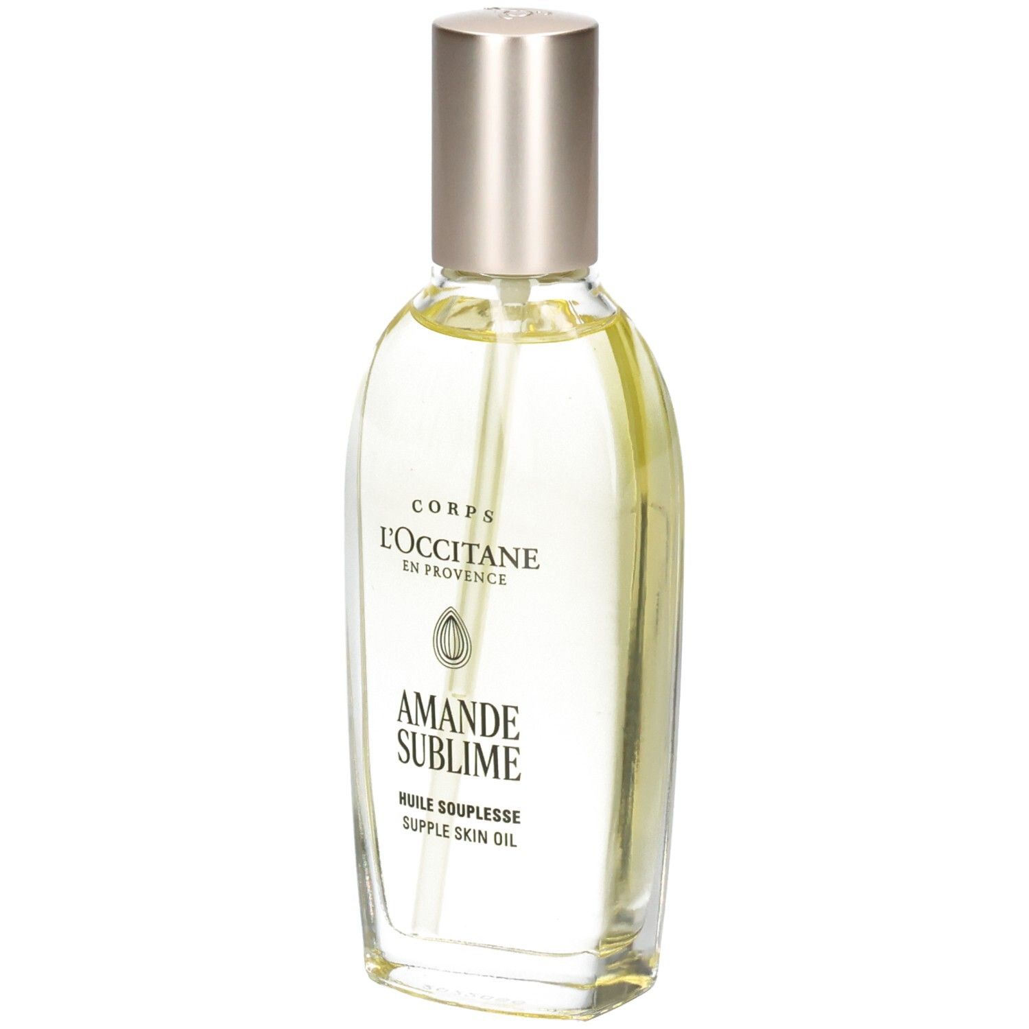 L'OCCITANE Mandelöl: Flakon mit Pumpspender und silbernem Verschluss. Klare Flüssigkeit.