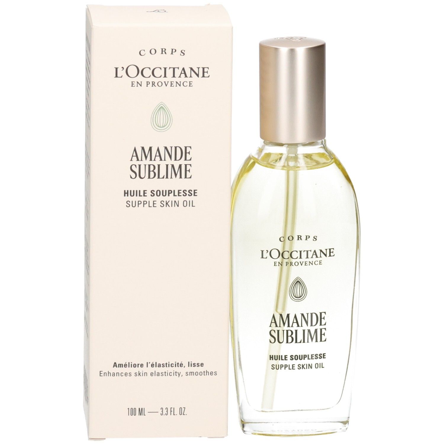 L'OCCITANE Mandelöl: Flakon und Umverpackung. Flakon mit Pumpspender, Umverpackung mit Produktinformationen.