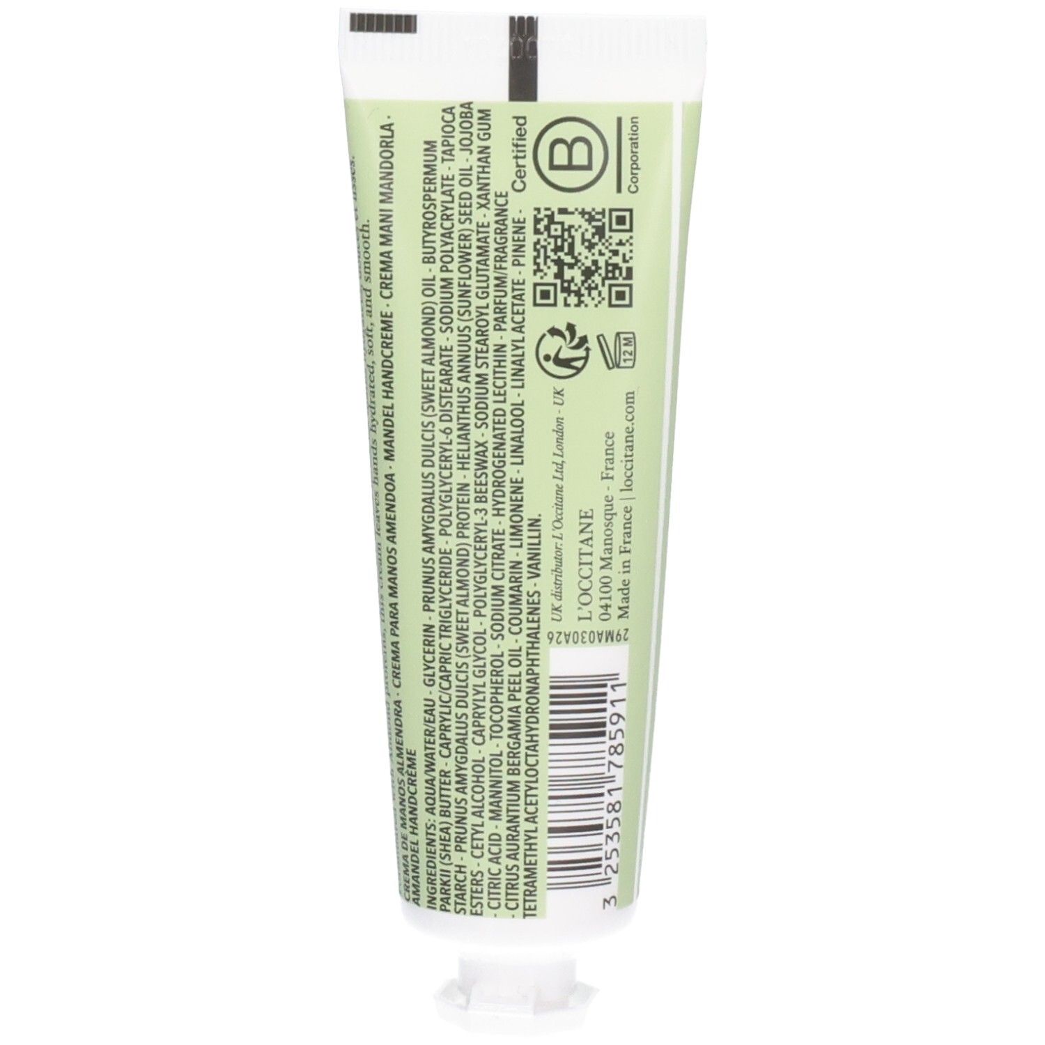 Rückseite der L'OCCITANE Mandel Handcreme Tube mit Inhaltsstoffen und Zertifizierungen.