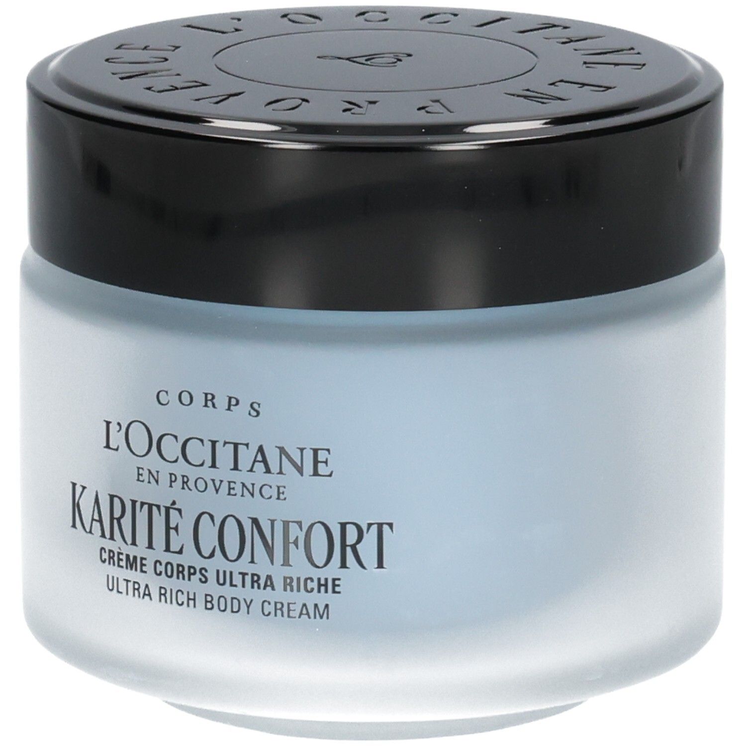 L'OCCITANE Karité Confort Ultra Rich Body Cream in einem matten Glasbehälter mit schwarzem Deckel.