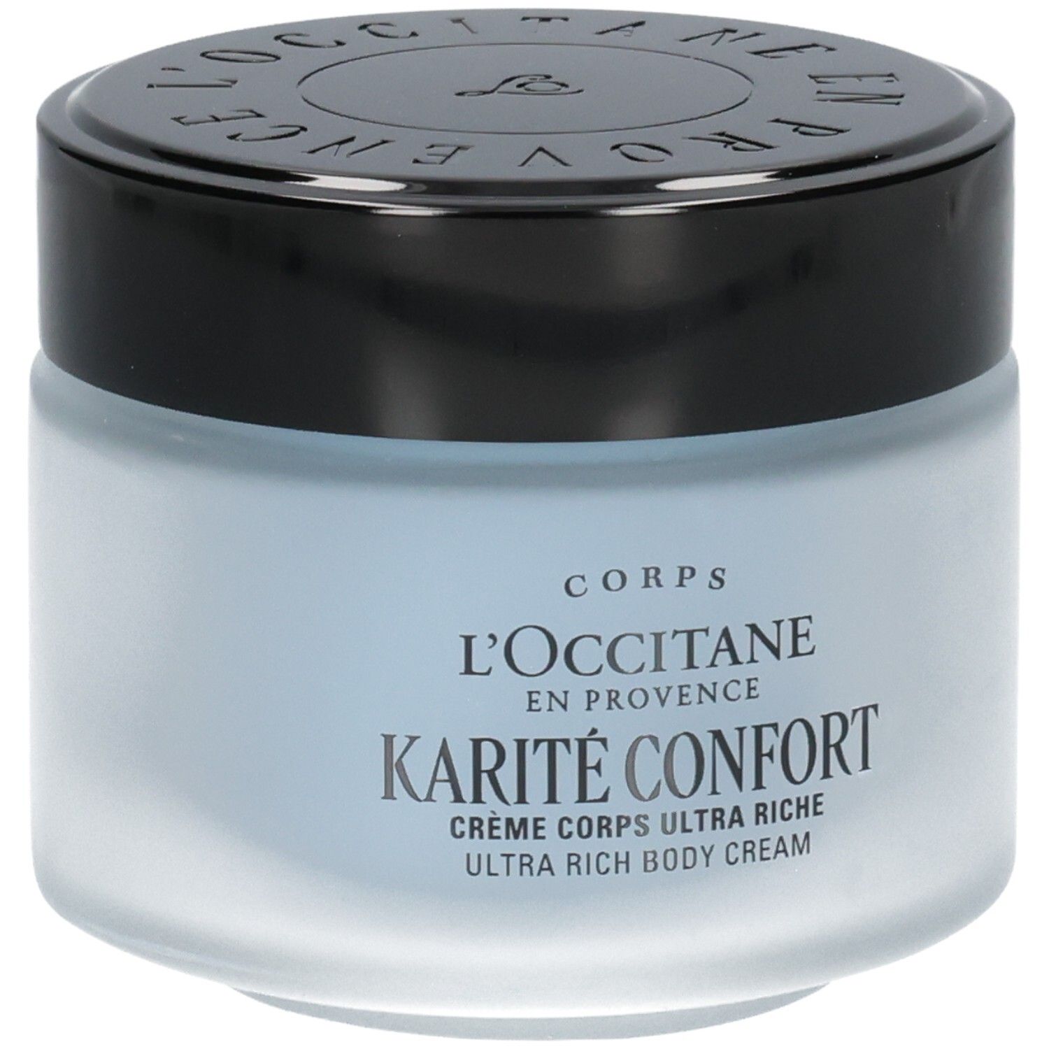 L'OCCITANE Karité Confort Ultra Rich Body Cream in einem matten Glasbehälter mit schwarzem Deckel.