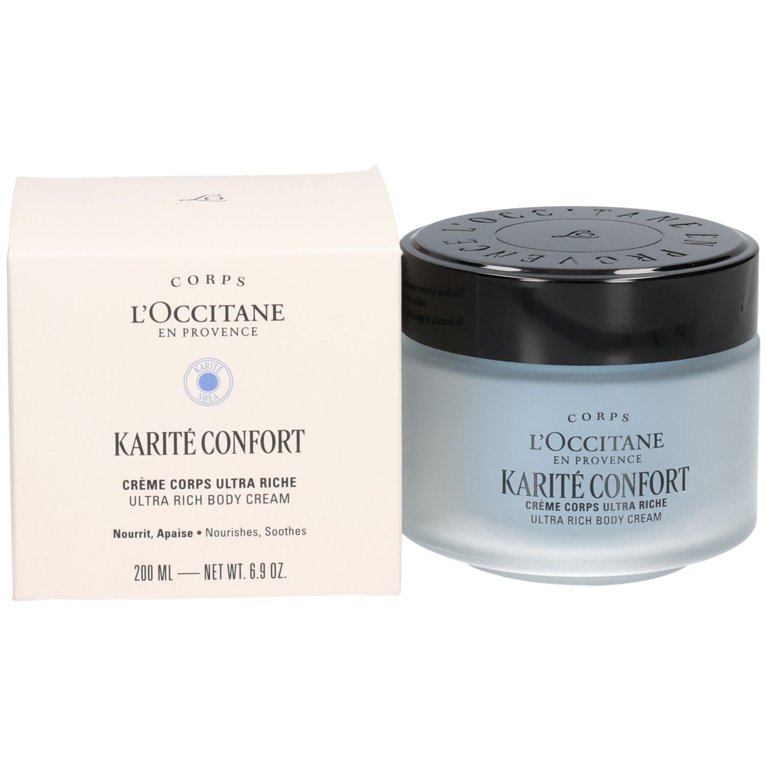 L'OCCITANE Karité Confort Ultra Rich Body Cream neben seiner Verpackungsschachtel.
