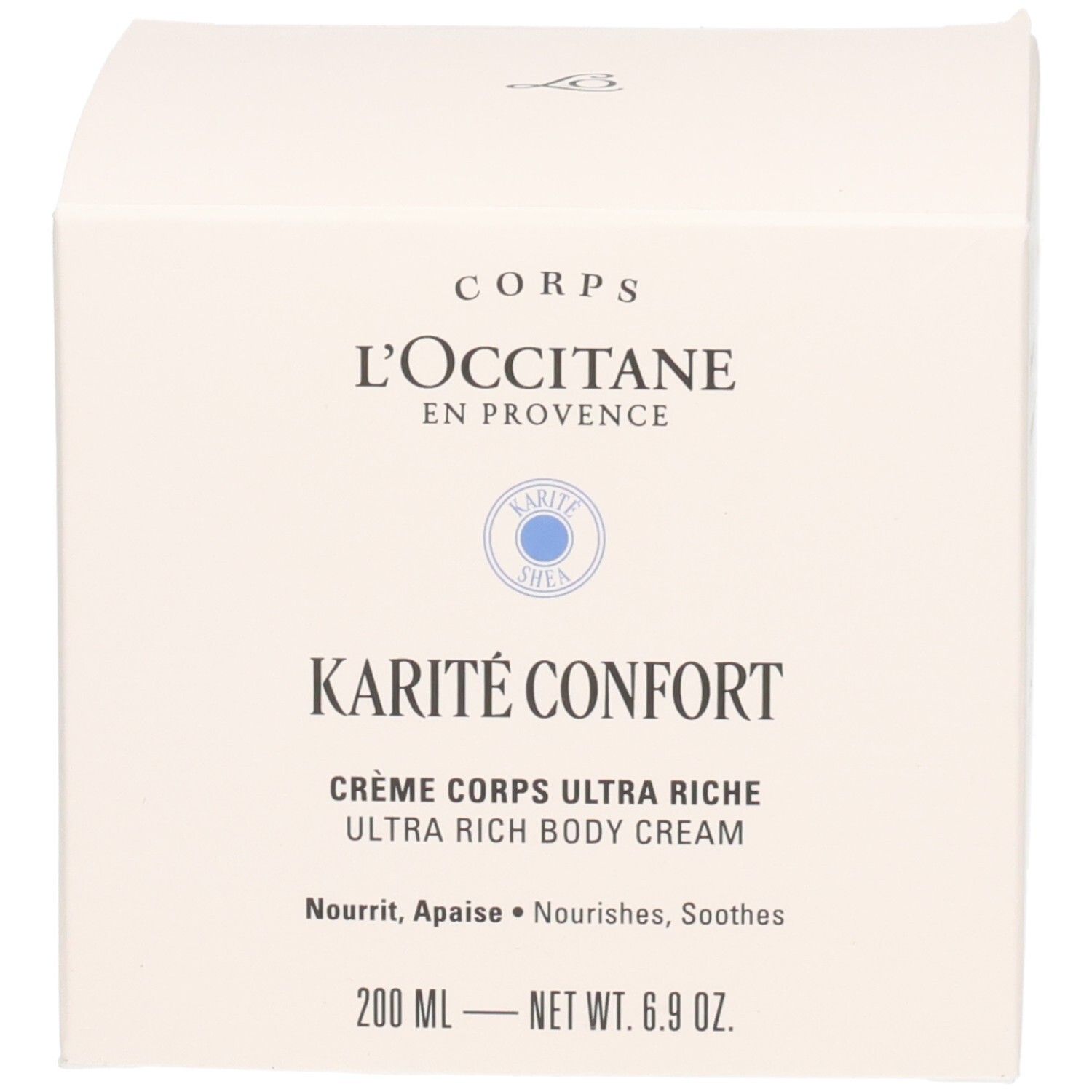 Verpackungsschachtel für L'OCCITANE Karité Confort Ultra Rich Body Cream mit Größenangabe.