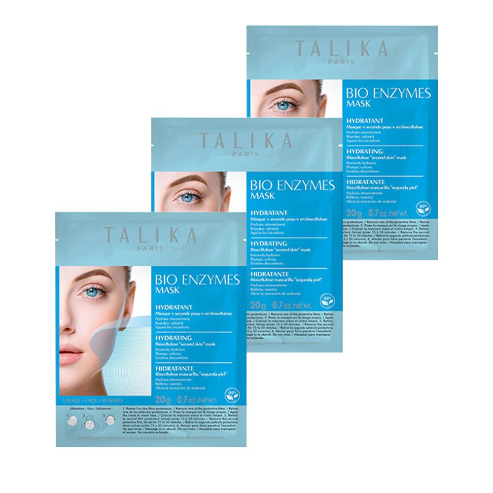 Drie TALIKA Bio Enzymes Maskers. Lichtblauwe verpakking met productnaam en gezichtsafbeelding. Tekst in meerdere talen.