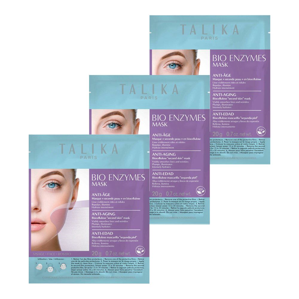 Drie zakjes gezichtsmaskers. Opschrift: TALIKA PARIS, BIO ENZYMES MASK, Anti-Aging. Op elk zakje staat een vrouwenoog afgebeeld.
