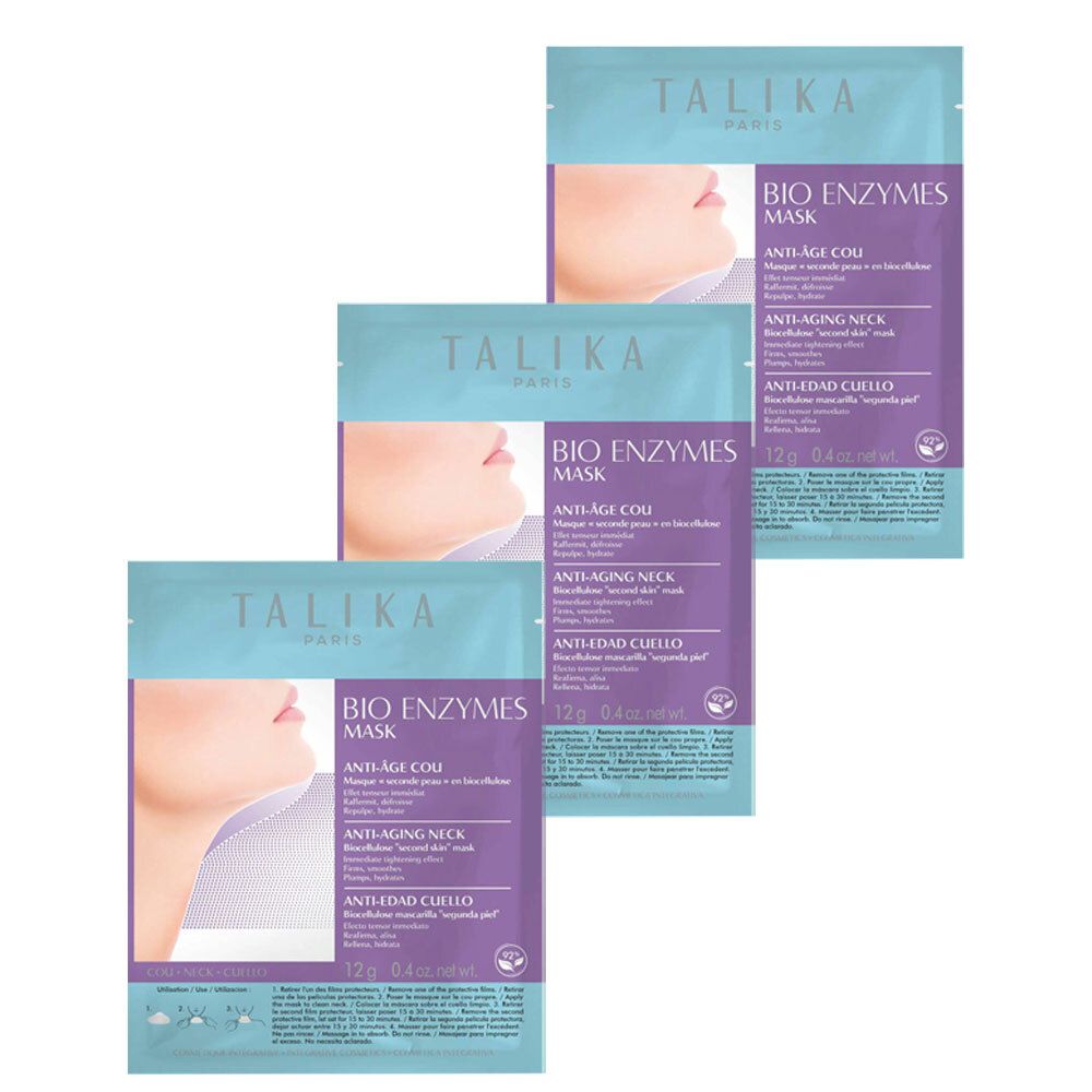 Trois sachets de masque TALIKA Bio Enzymes Anti-Âge Cou. Chaque sachet présente un visage et des informations produit en plusieurs langues.