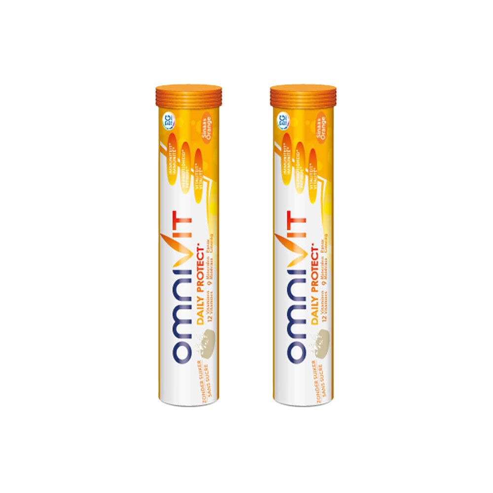 Twee tubes OmniVit Daily Protect. Oranje doppen, witte achtergrond. Opschrift: OmniVit, Daily Protect.