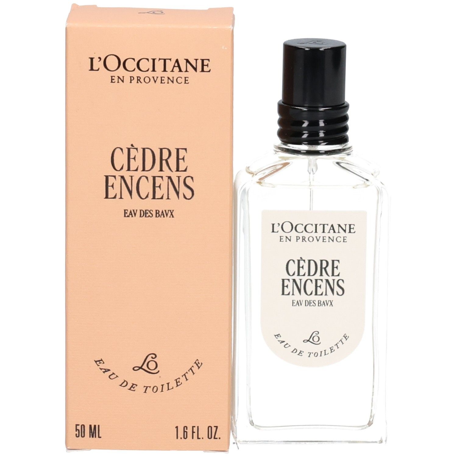 L'OCCITANE Eau de Toilette Cèdre Encens (Eau des Baux) 50ml Flasche neben der passenden Kartonverpackung.
