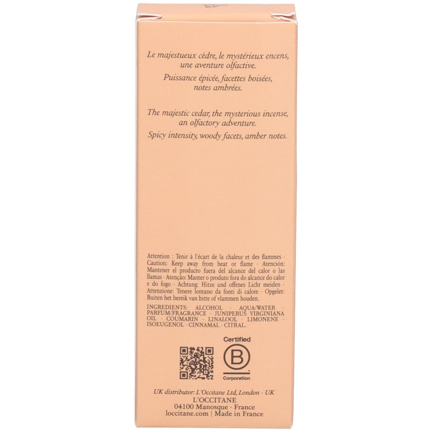 Rückseite der L'OCCITANE Eau de Toilette Cèdre Encens (Eau des Baux) 50ml Kartonverpackung mit Produktinformationen.
