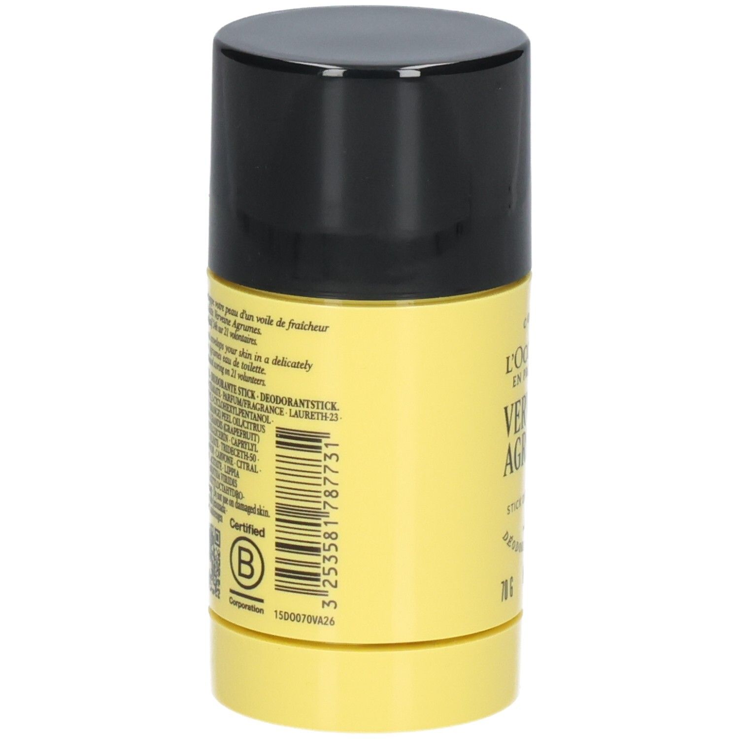 L'OCCITANE Verveine Agrumes Deodorant Stick, Rückseite mit Barcode und Zertifizierung.