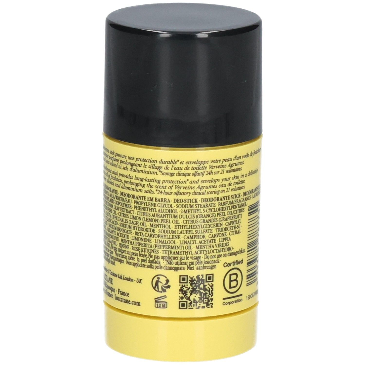 L'OCCITANE Verveine Agrumes Deodorant Stick, Rückseite mit Inhaltsstoffen und Zertifizierung.