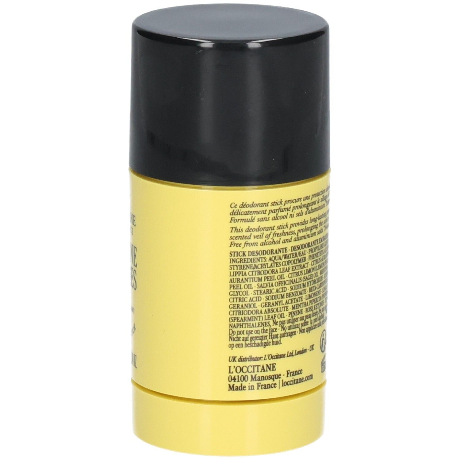 L'OCCITANE Verveine Agrumes Deodorant Stick, Seite mit Inhaltsstoffen und Anwendungshinweisen.