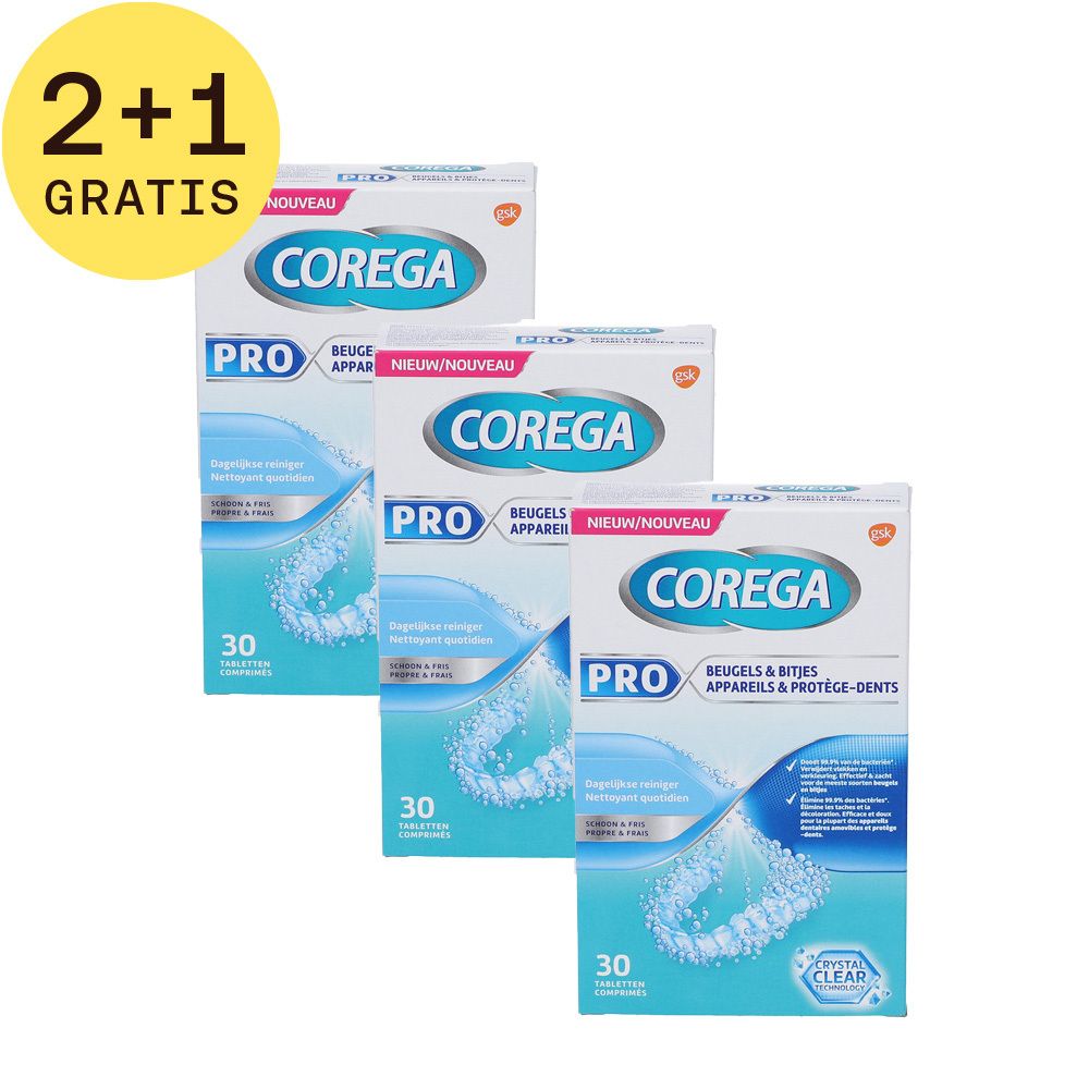 Drie verpakkingen Corega Pro, 2+1 gratis. Opschrift: Corega Pro, 30 tabletten, voor beugels en gebitsbeschermers.