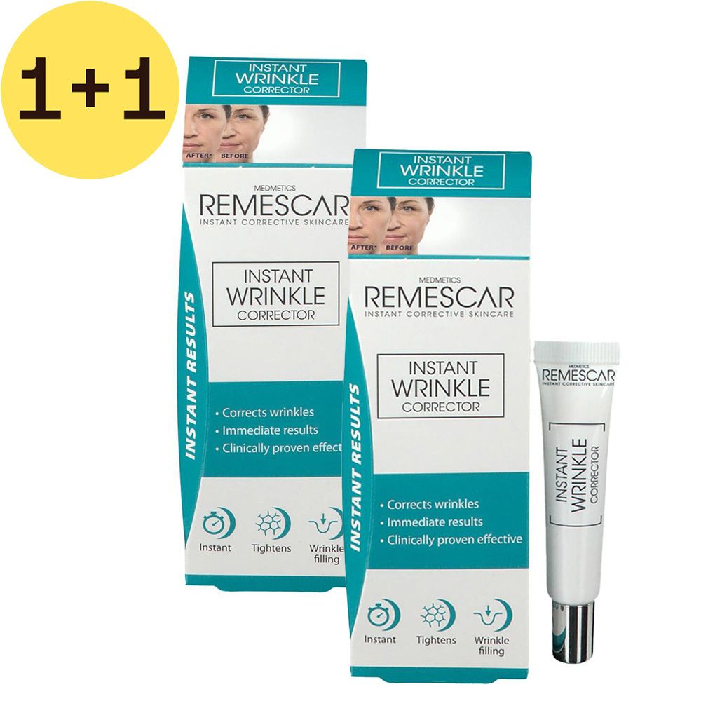 Deux boîtes et un tube. Sur les boîtes, on lit "Instant Wrinkle Corrector" et "Remescar". Sur le tube, on lit "Instant Wrinkle Corrector".