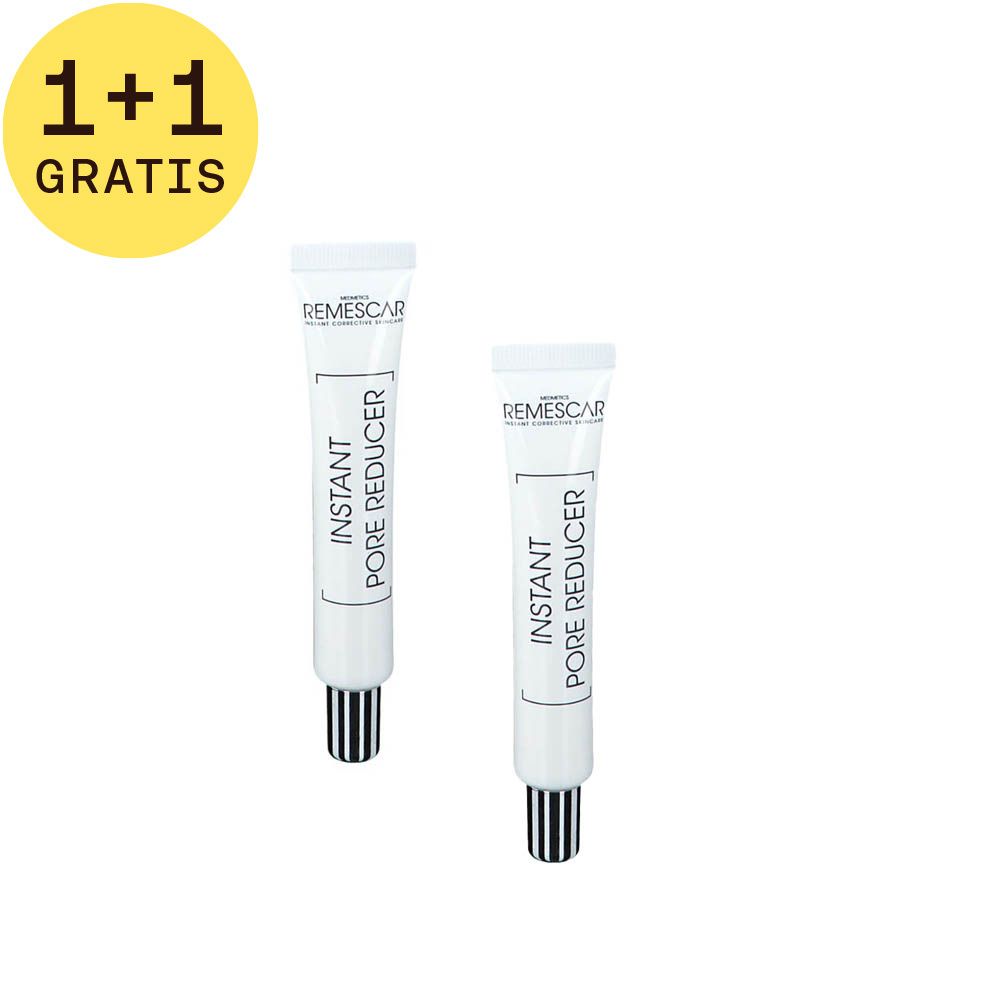 Twee witte tubes met zwarte doppen. Opschrift: Instant Pore Reducer. Geel 1+1 GRATIS symbool.