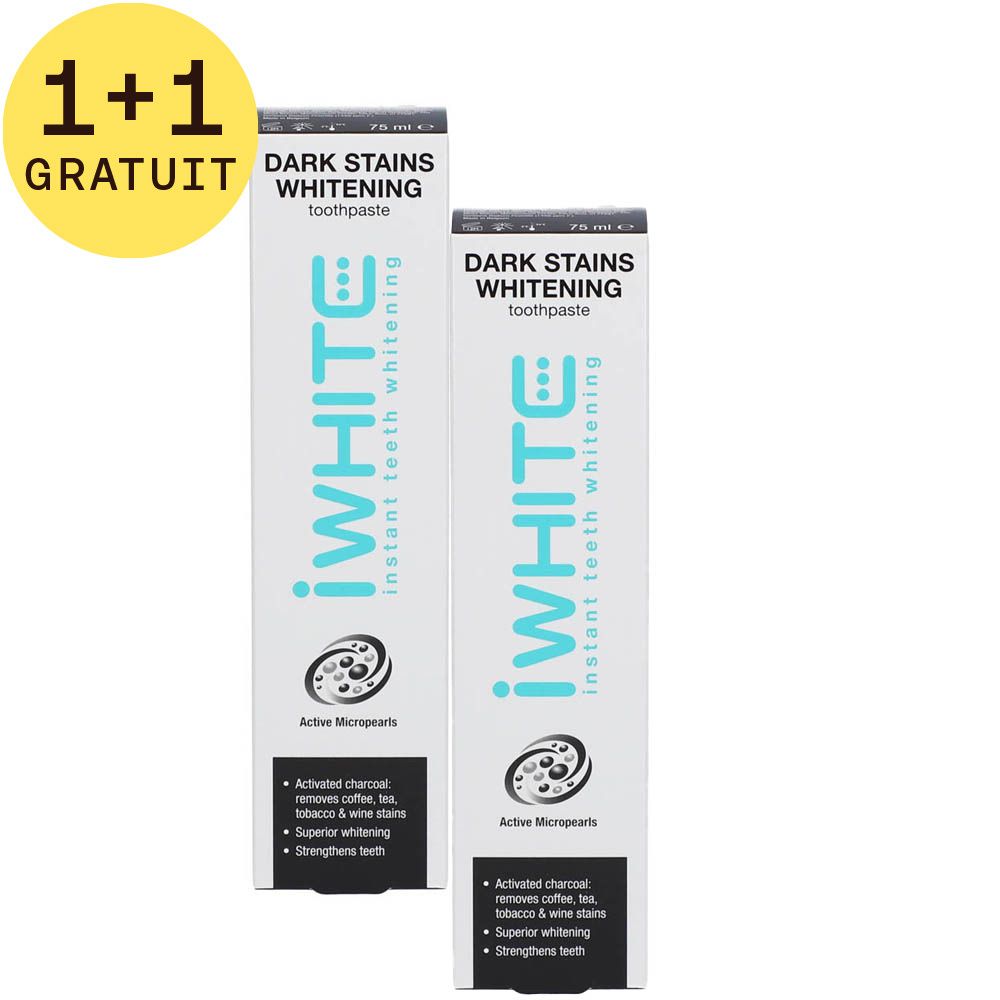 Deux boîtes de dentifrice iWhite. Inscription: Dark Stains Whitening, instant teeth whitening. Avec autocollant 1+1 GRATUIT.
