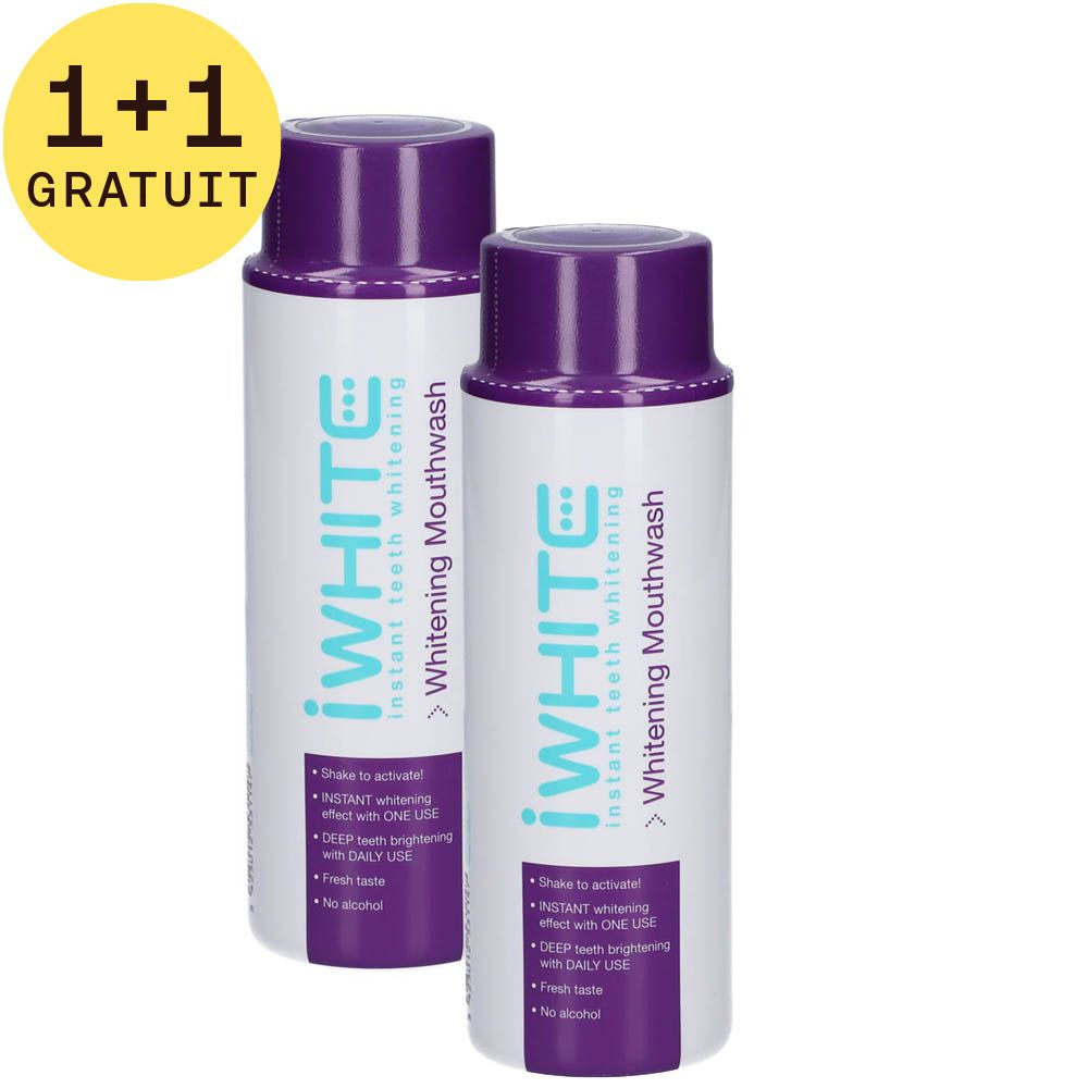 Deux flacons de bain de bouche iWhite Whitening, bouchons violets. Étiquette jaune "1+1 GRATUIT".