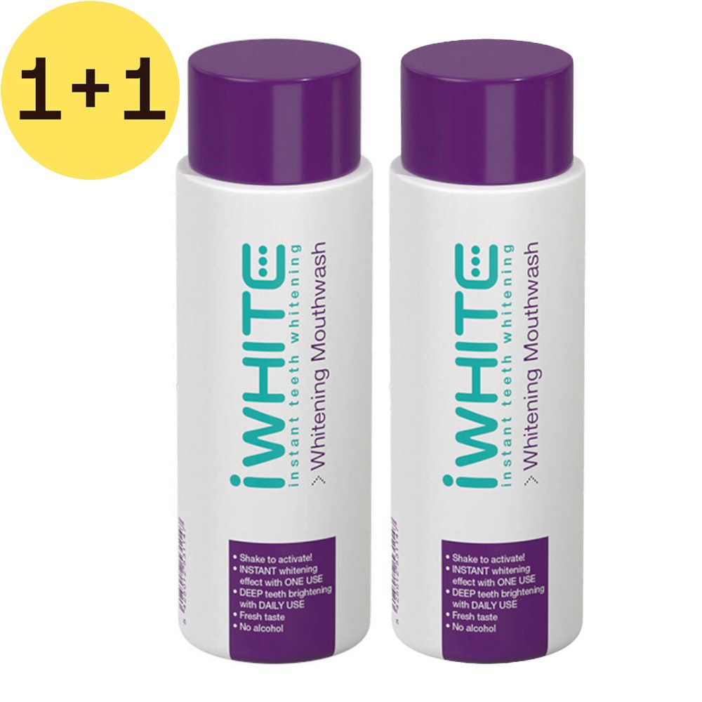 Deux flacons de bain de bouche iWhite Whitening, bouchons violets. Étiquette jaune "1+1".