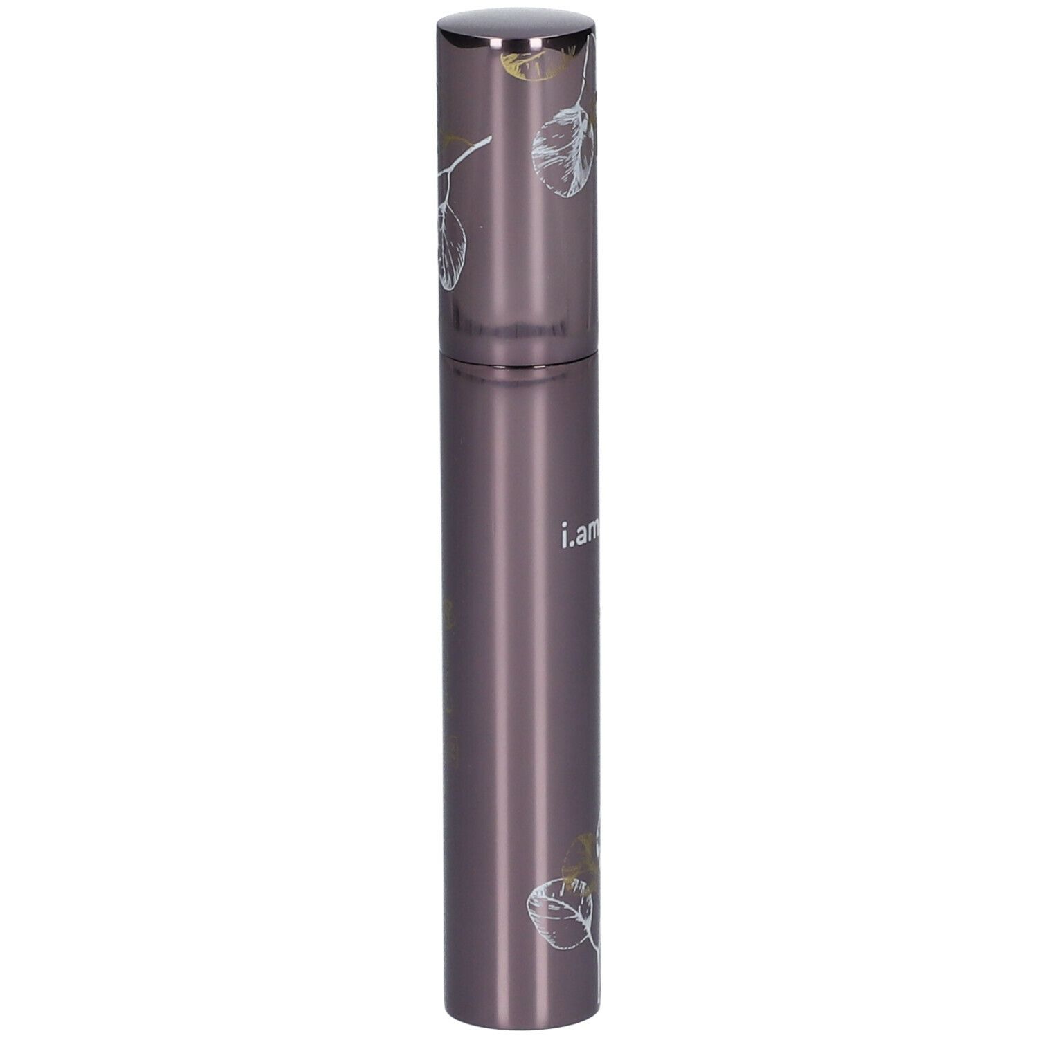 Cilindrische, paarse mascarabuis met zilveren dop. Opschrift: i.am.klean, mascara.
