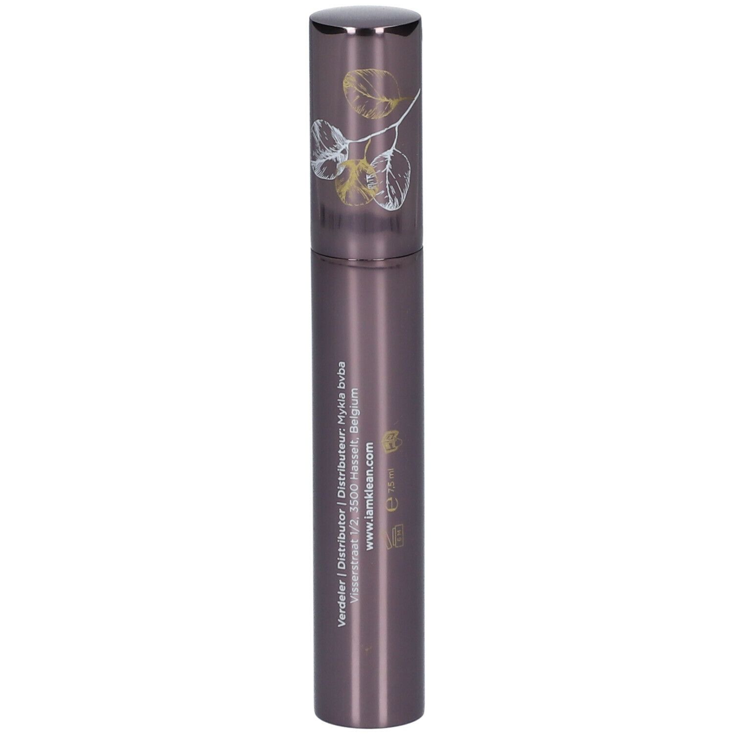 Cilindrische, paarse mascarabuis met zilveren dop. Opschrift: i.am.klean, mascara.
