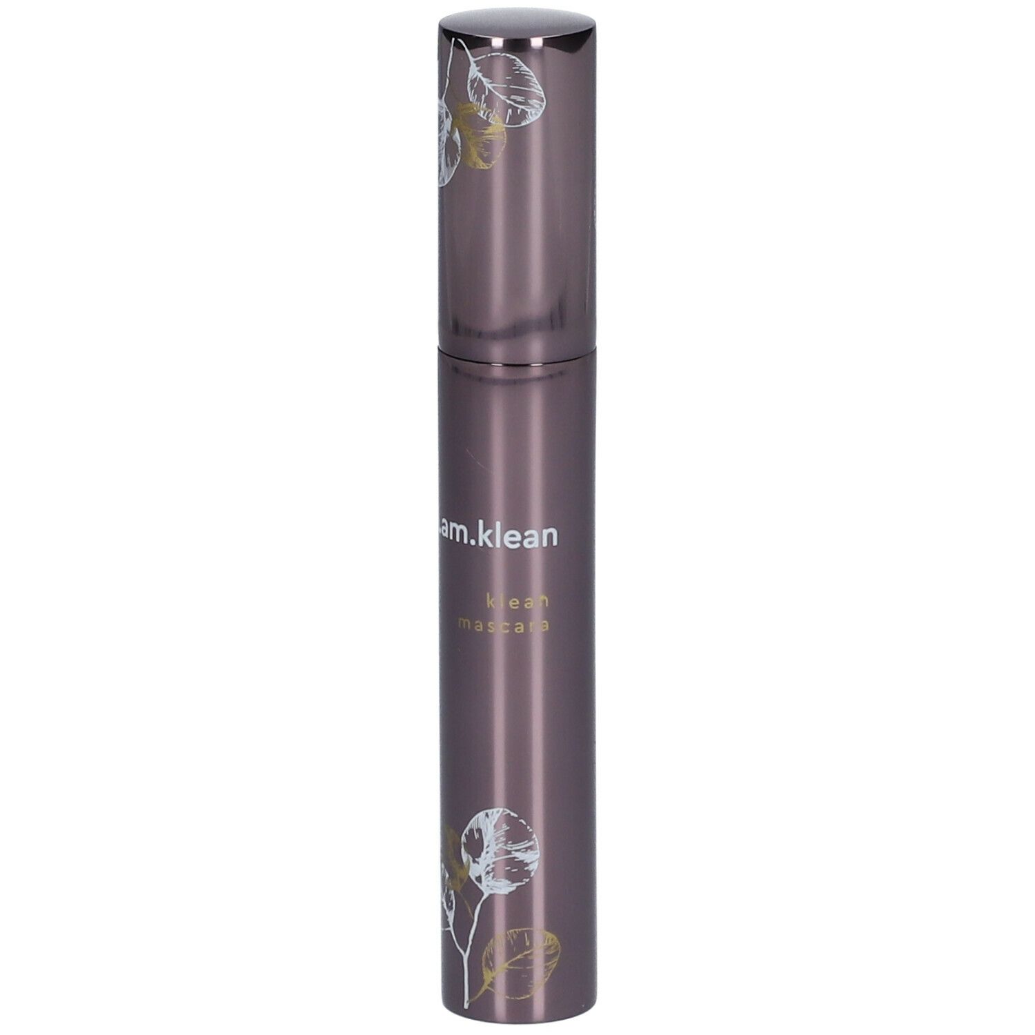 Cilindrische, paarse mascarabuis met zilveren dop. Opschrift: i.am.klean, mascara.