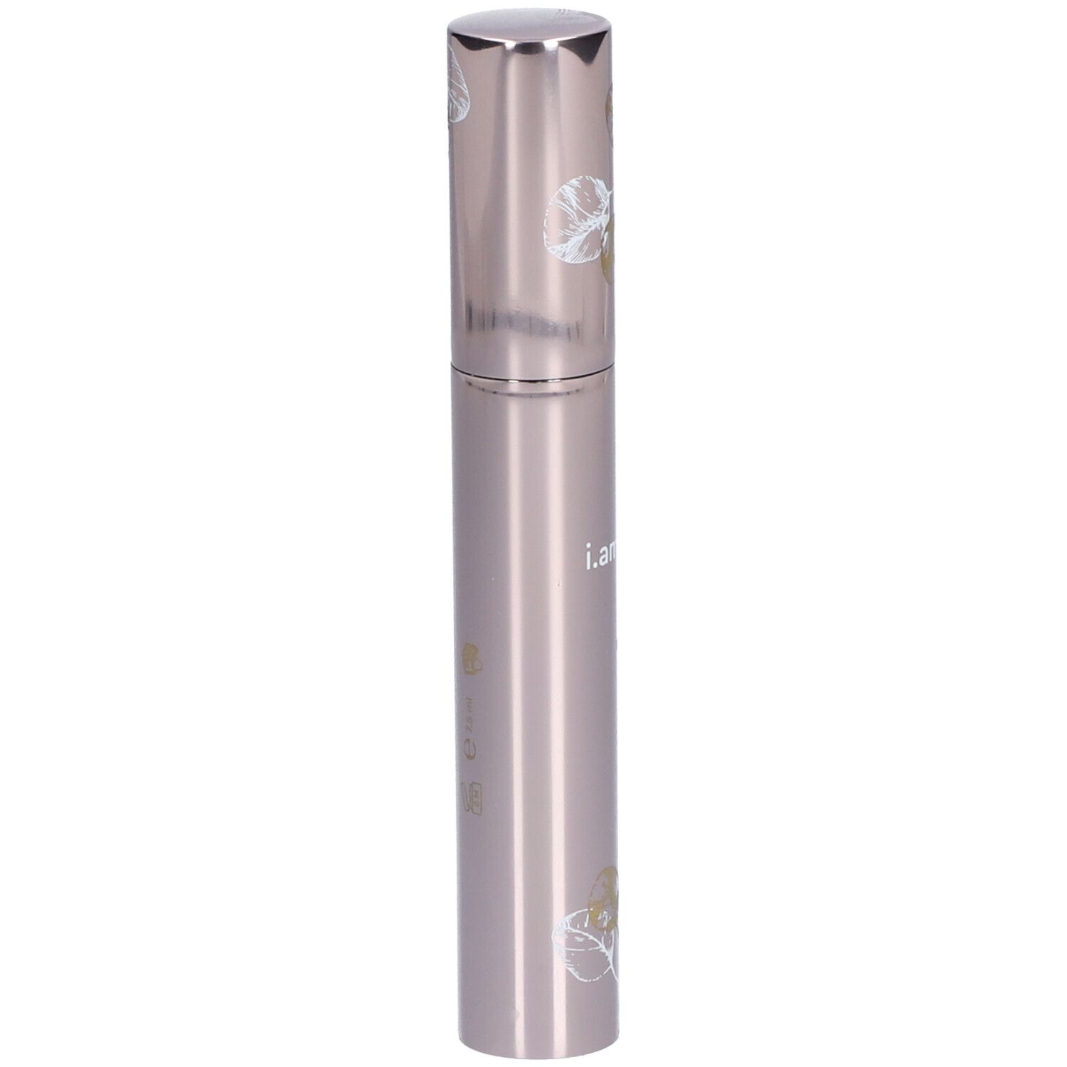 Zilverkleurige mascara-tube met bloemmotieven en de tekst i.am.klean.