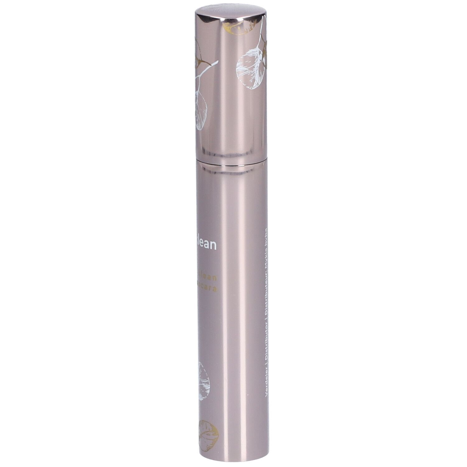 Zilverkleurige mascara-tube met bloemmotieven en de tekst i.am.klean.