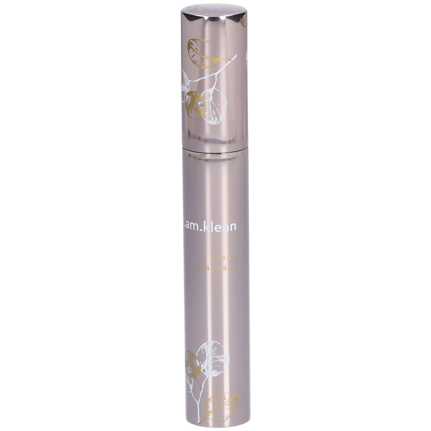 Zilverkleurige mascara-tube met bloemmotieven en de tekst i.am.klean.