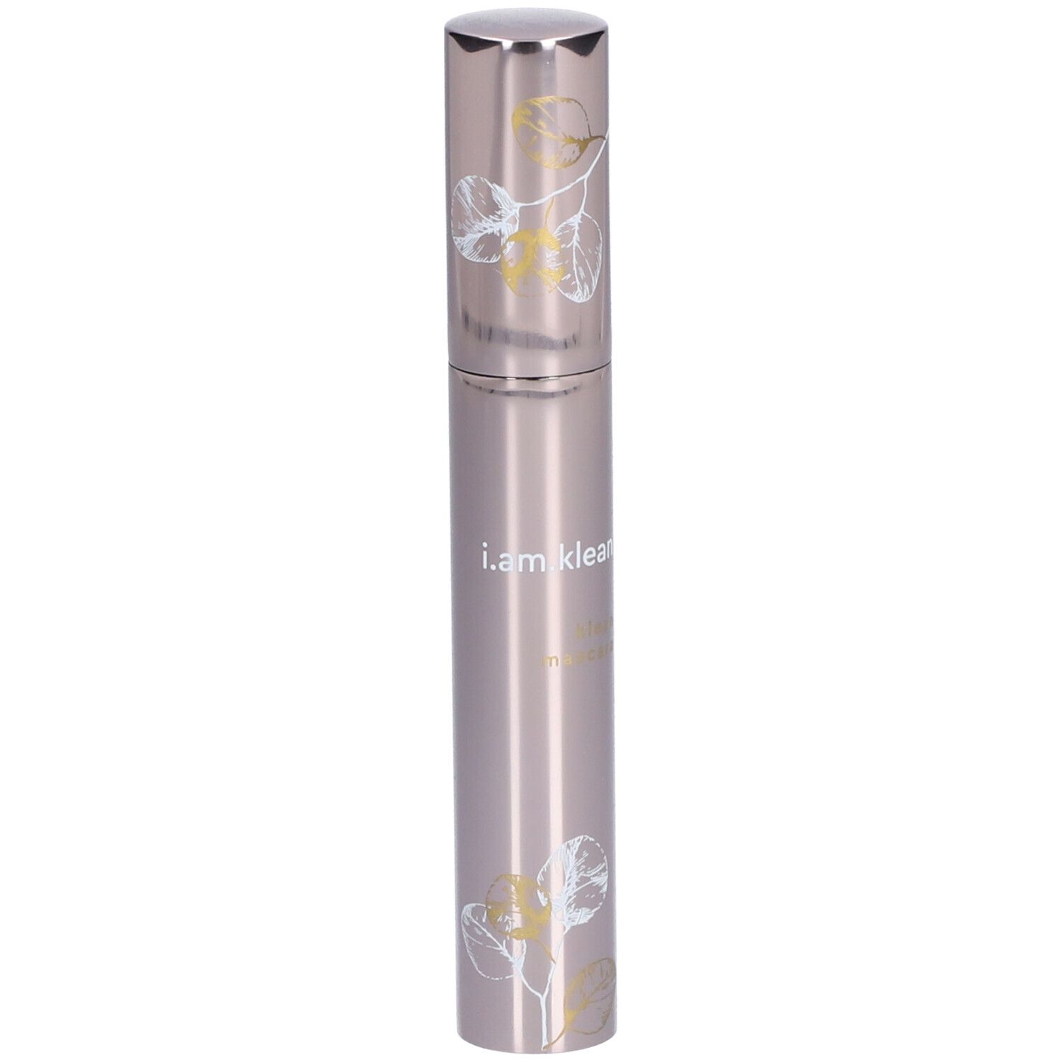 Zilverkleurige mascara-tube met bloemmotieven en de tekst i.am.klean.