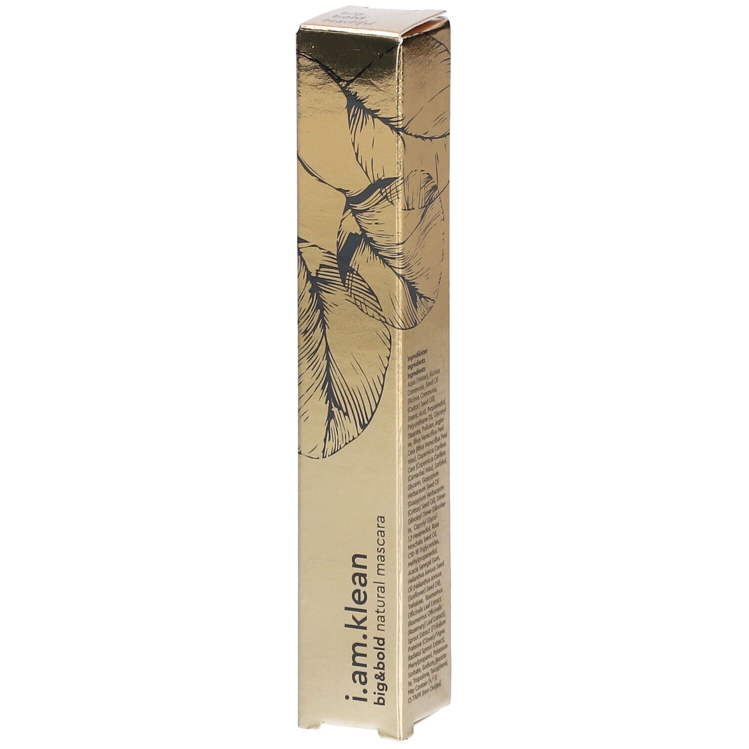 Gouden verpakking met veermotief. Tekst: i.am.klean big&bold natural mascara.