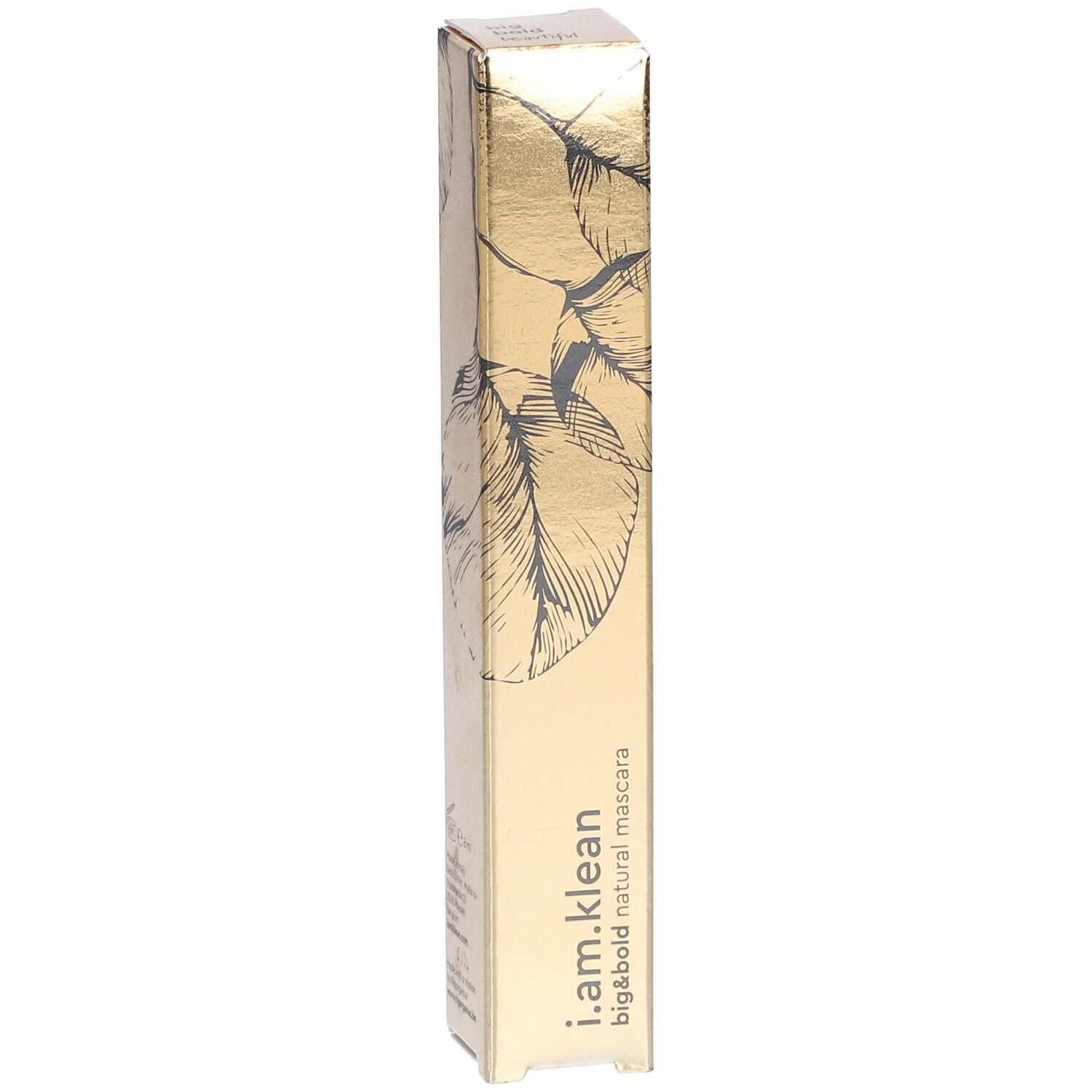 Gouden verpakking met veermotief. Tekst: i.am.klean big&bold natural mascara.