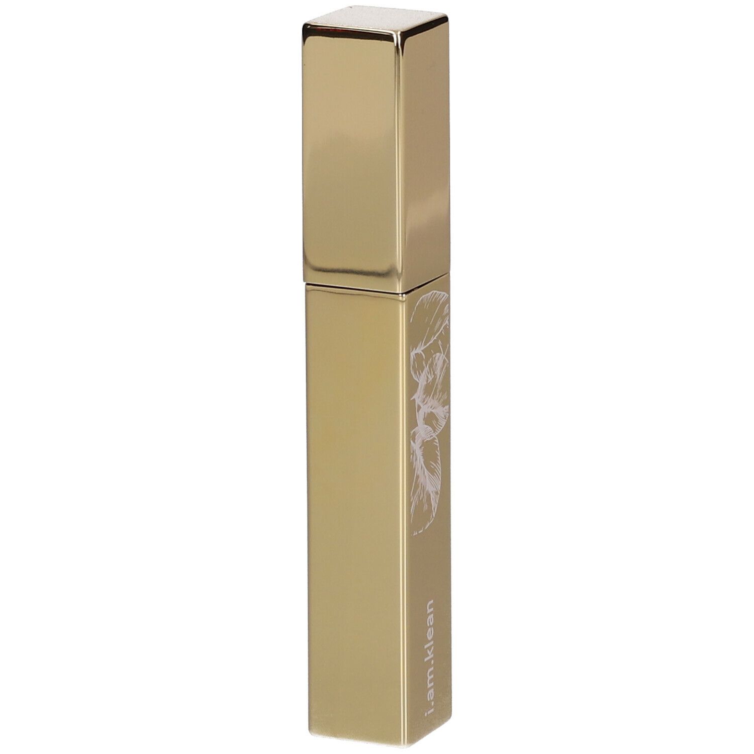 Goldfarbener Wimpernprimer-Behälter mit quadratischem Deckel. Aufschrift: i.am.klean. Mit floralem Muster.
