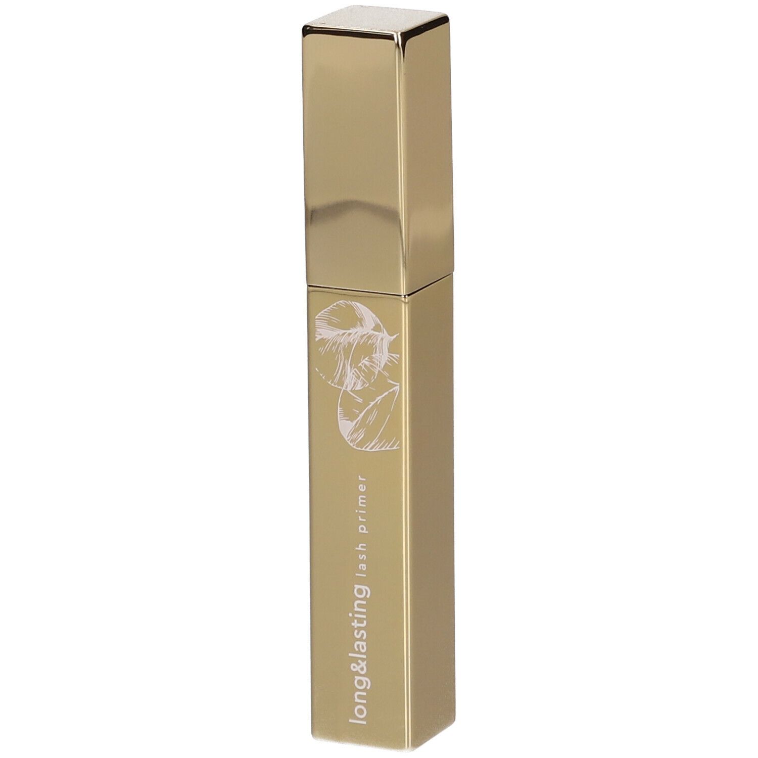 Goldfarbener Wimpernprimer-Behälter mit quadratischem Deckel. Aufschrift: longlasting lash primer. Mit floralem Muster.