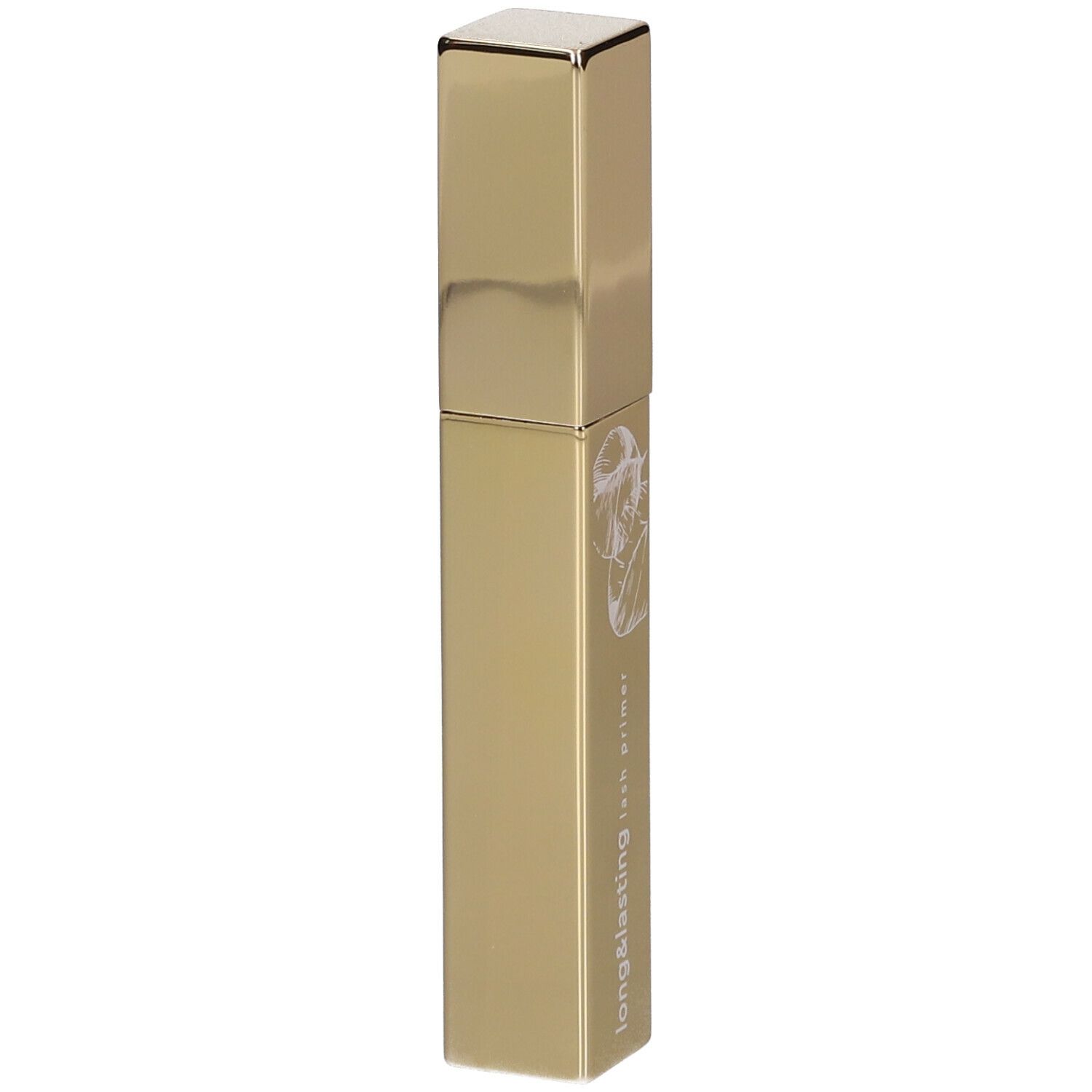 Goldfarbener Wimpernprimer-Behälter mit quadratischem Deckel. Aufschrift: longlasting lash primer. Mit floralem Muster.