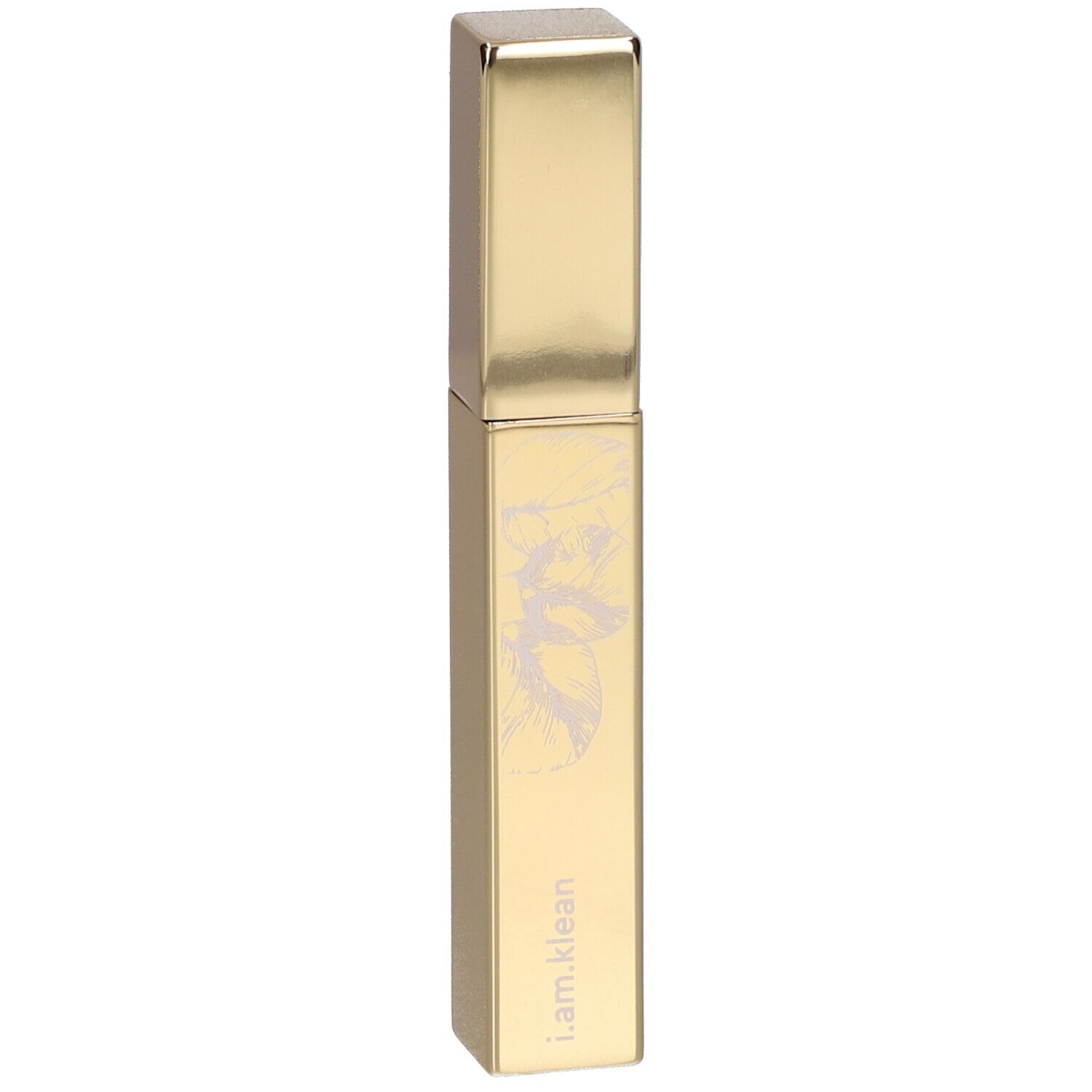 Goldfarbener Wimpernprimer-Behälter mit quadratischem Deckel. Aufschrift: i.am.klean. Mit floralem Muster.