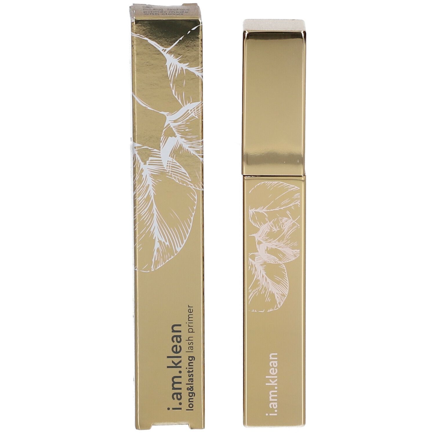 Goldfarbener Wimpernprimer und Verpackung. Aufschrift: i.am.klean longlasting lash primer. Mit floralem Muster.