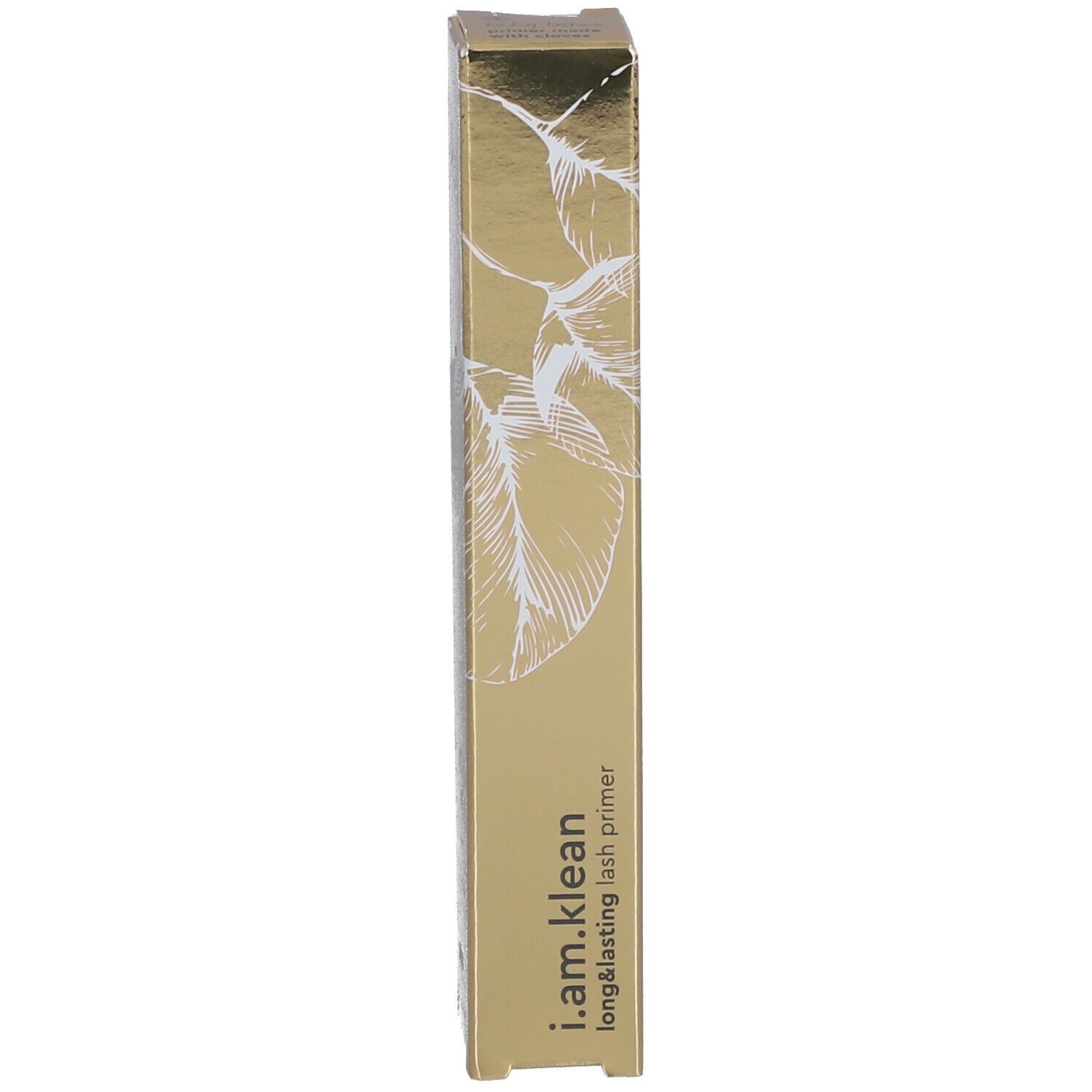 Goldfarbene Wimpernprimer-Verpackung. Aufschrift: i.am.klean longlasting lash primer. Mit floralem Muster.
