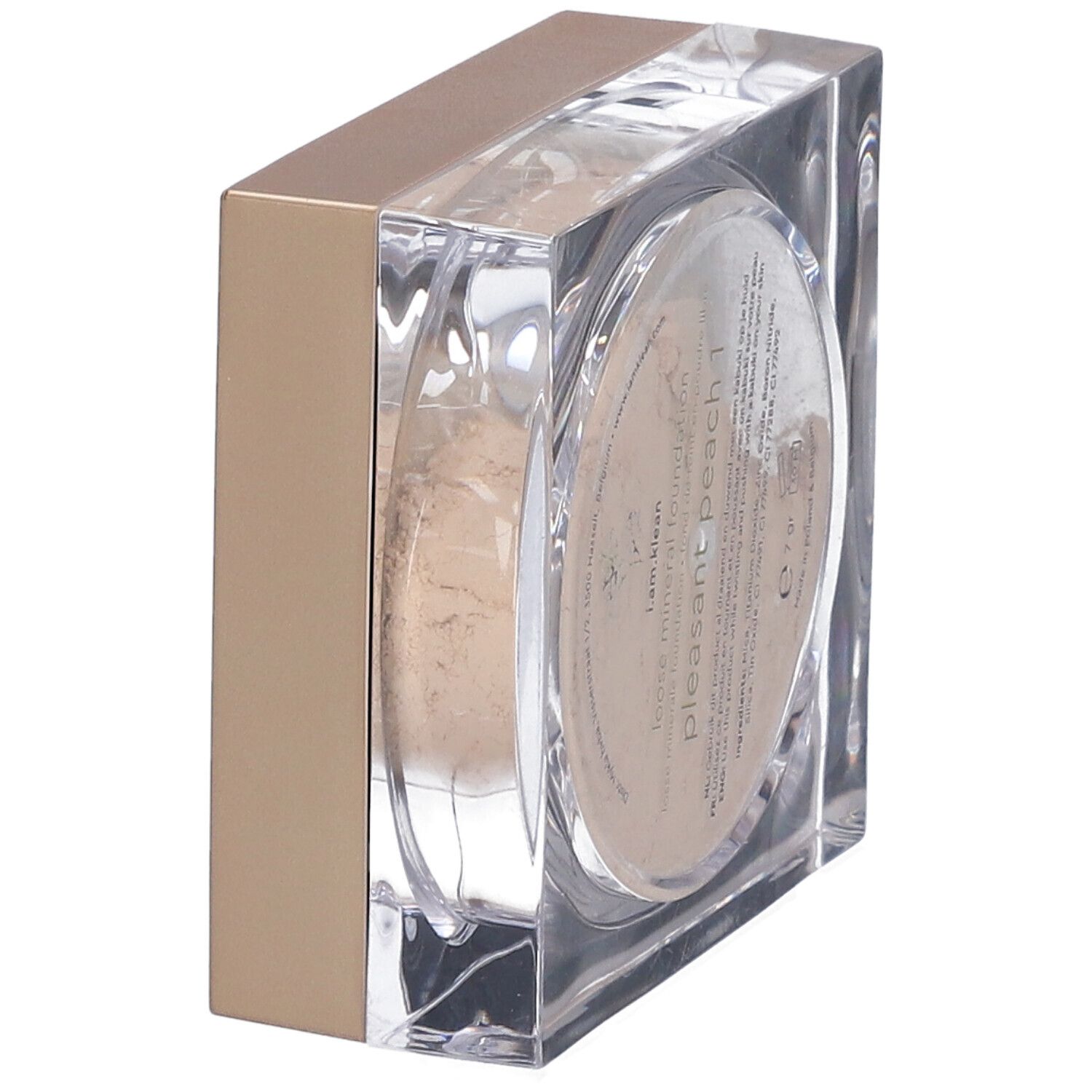 Quadratische Dose mit Deckel. Lose Mineral Foundation, pleasant peach. Inhalt sichtbar. Text.