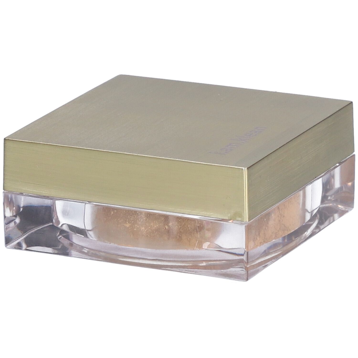 Vierkante doos met losse poeder. Gouden deksel met 'i.am.klean'. Transparante houder met lichtbruine poeder.