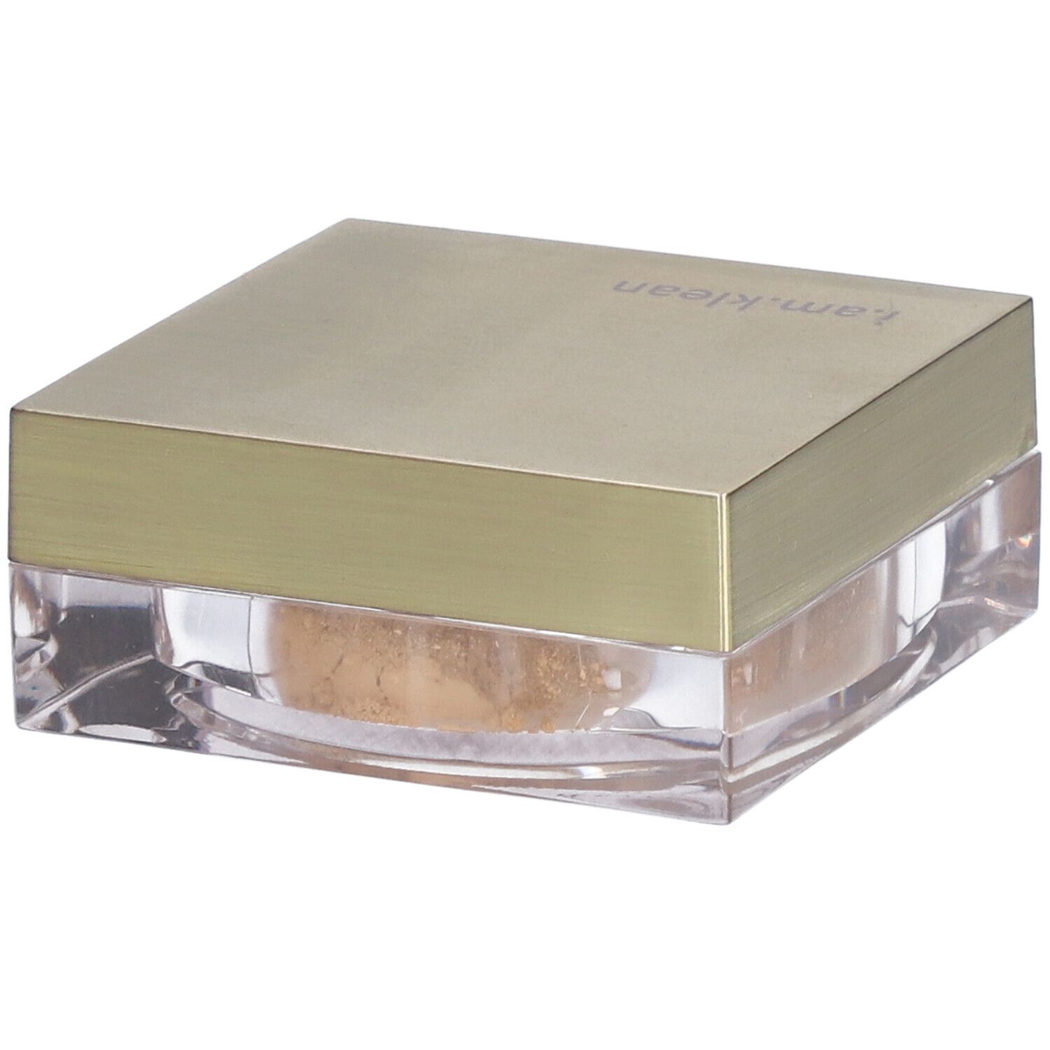 Vierkante doos met losse poeder. Gouden deksel met 'i.am.klean'. Transparante houder met lichtbruine poeder.