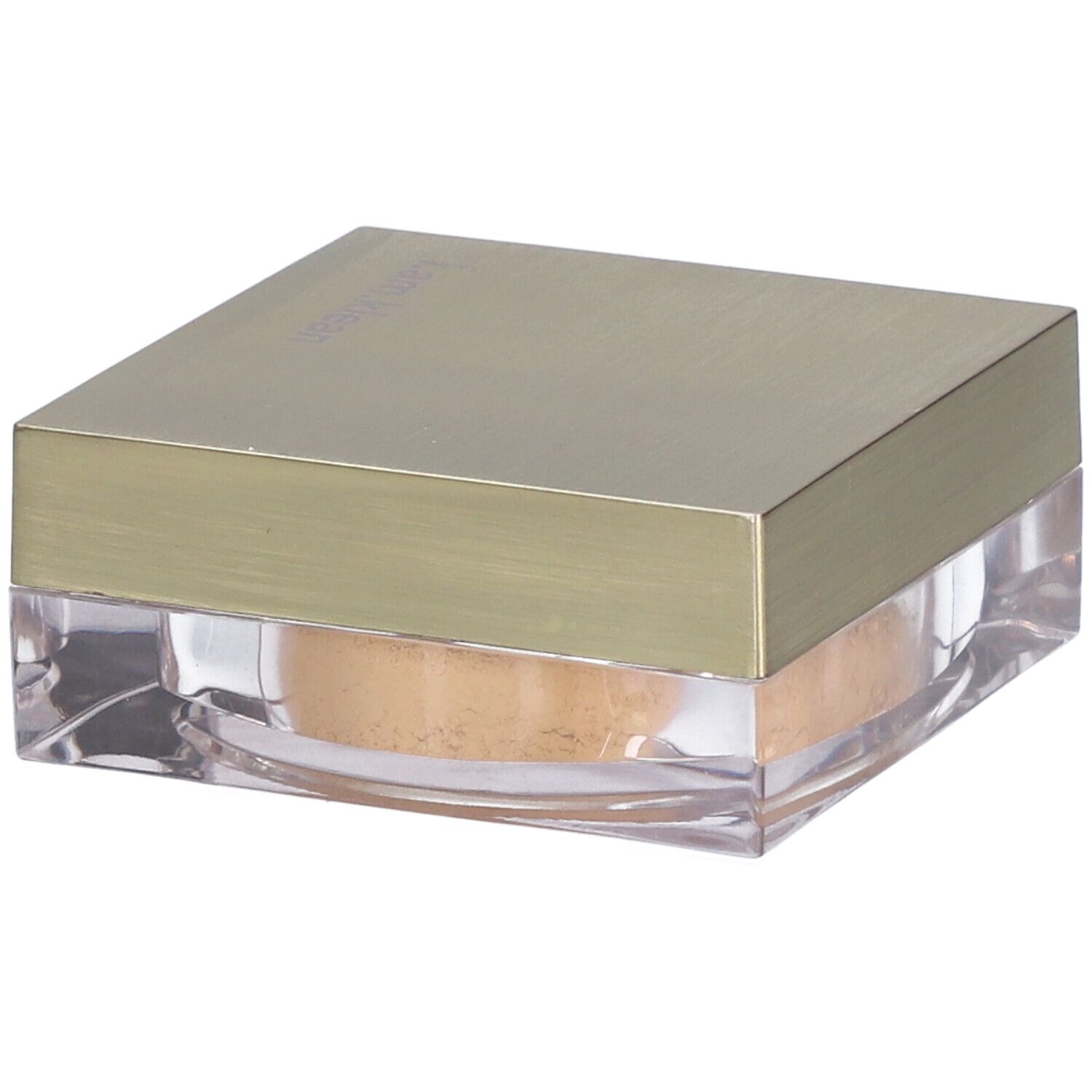Vierkante doos met losse poeder. Gouden deksel met 'i.am.klean'. Transparante houder met lichtbruine poeder.