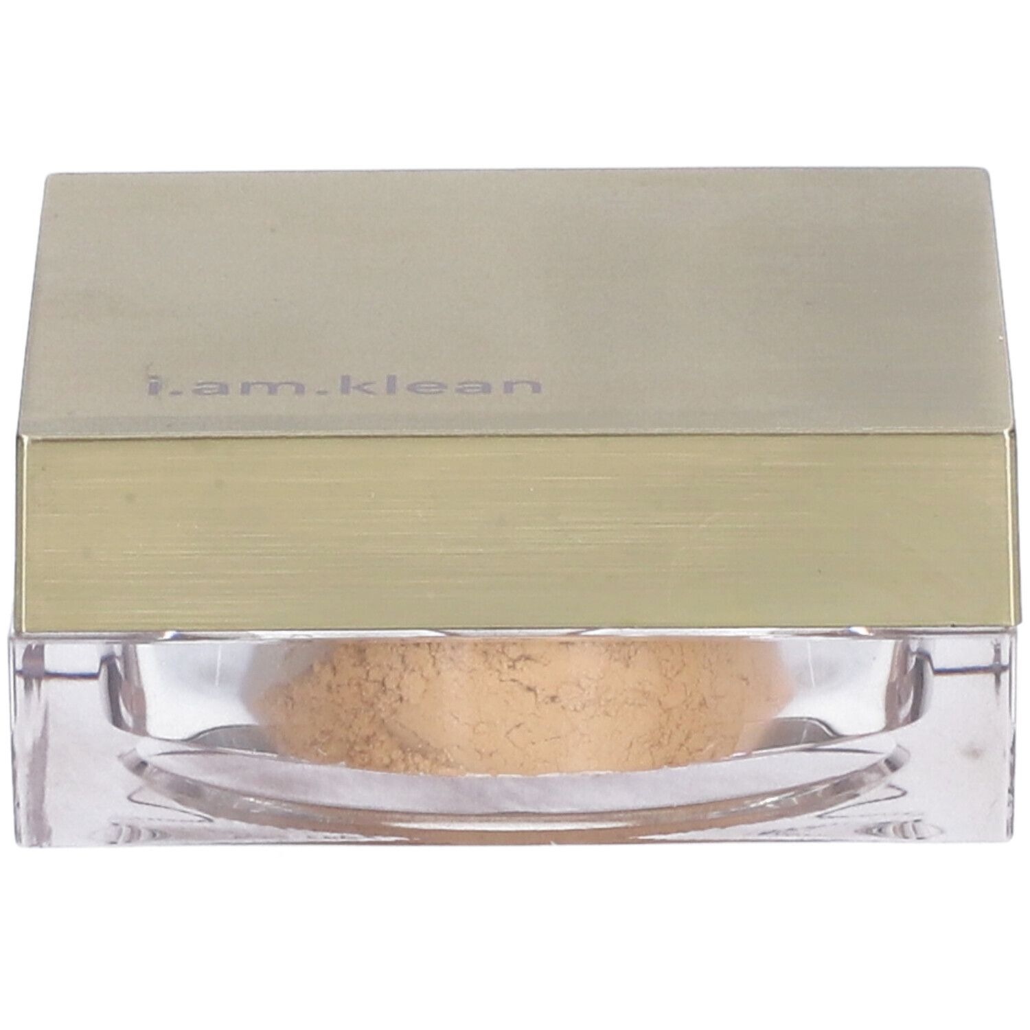 Doos met losse poeder, bovenaanzicht. Gouden deksel met 'i.am.klean'. Transparante houder met lichtbruine poeder.