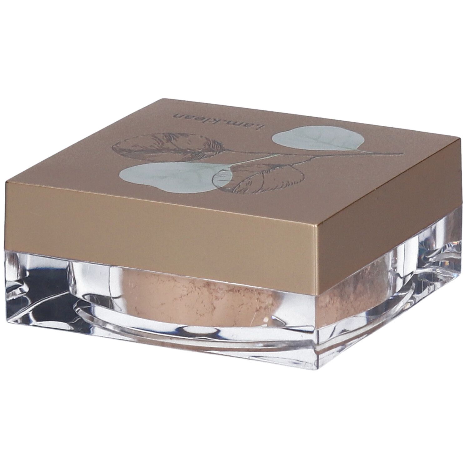 Quadratische Dose mit losem Mineral-Make-up. Deckel mit Pflanzenmotiv und Schriftzug i.am.klean. Transparenter Behälter.