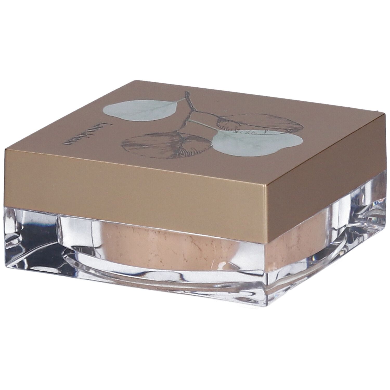 Quadratische Dose mit losem Mineral-Make-up. Deckel mit Pflanzenmotiv und Schriftzug i.am.klean. Transparenter Behälter.