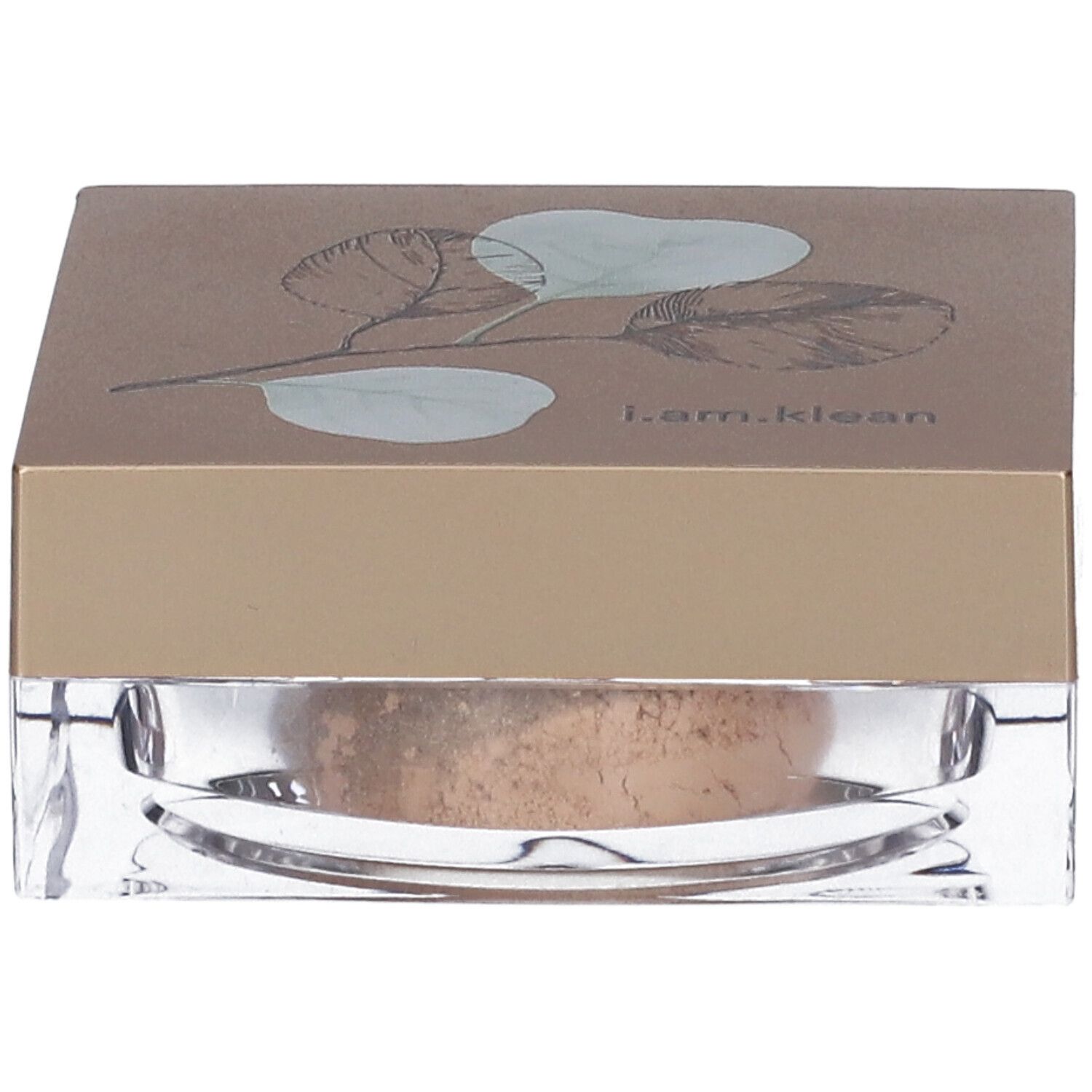 Quadratische Dose mit losem Mineral-Make-up. Deckel mit Pflanzenmotiv und Schriftzug i.am.klean. Transparenter Behälter.