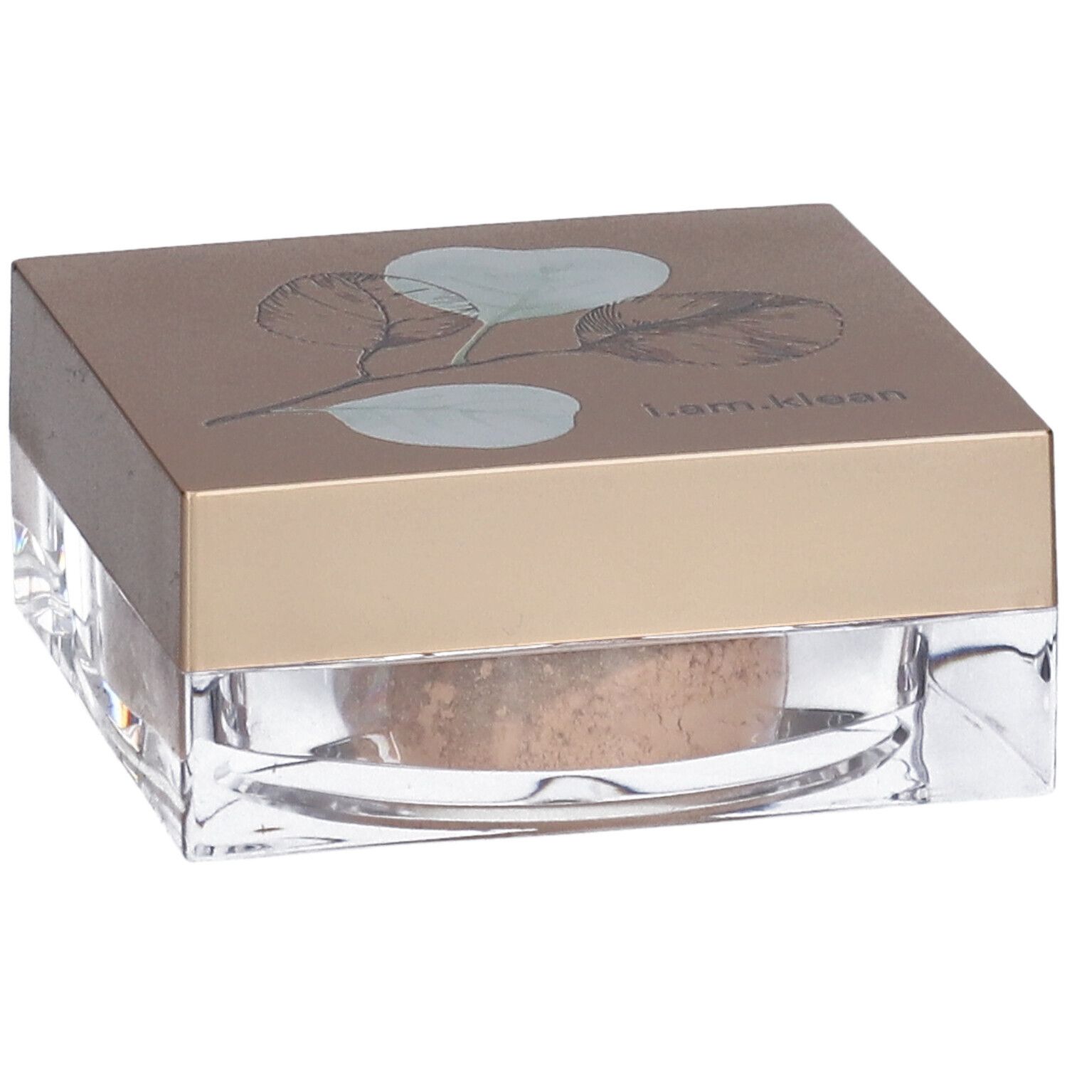 Quadratische Dose mit losem Mineral-Make-up. Deckel mit Pflanzenmotiv und Schriftzug i.am.klean. Transparenter Behälter.