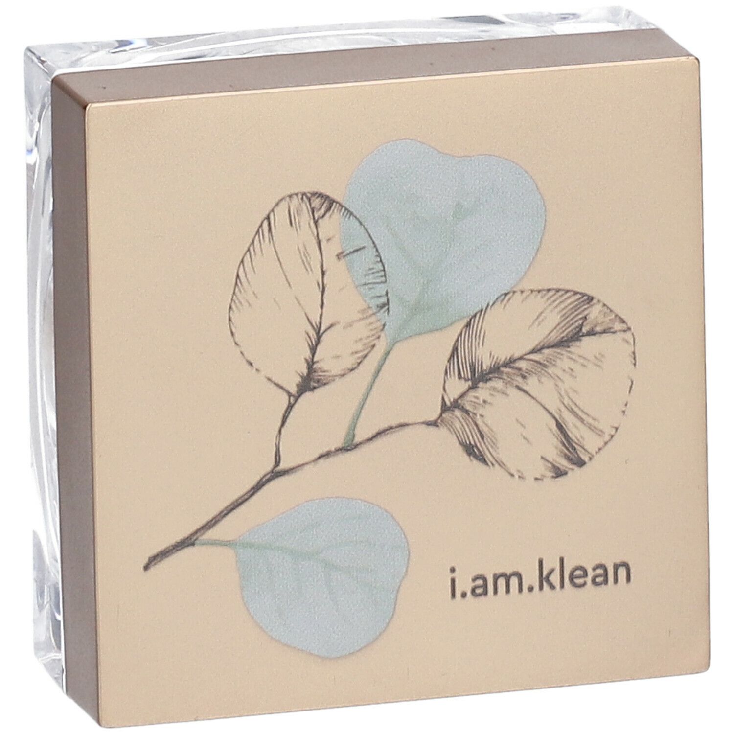 Boîte carrée avec couvercle. Impression de feuilles et i.am.klean. Récipient transparent, emballé dans du film.