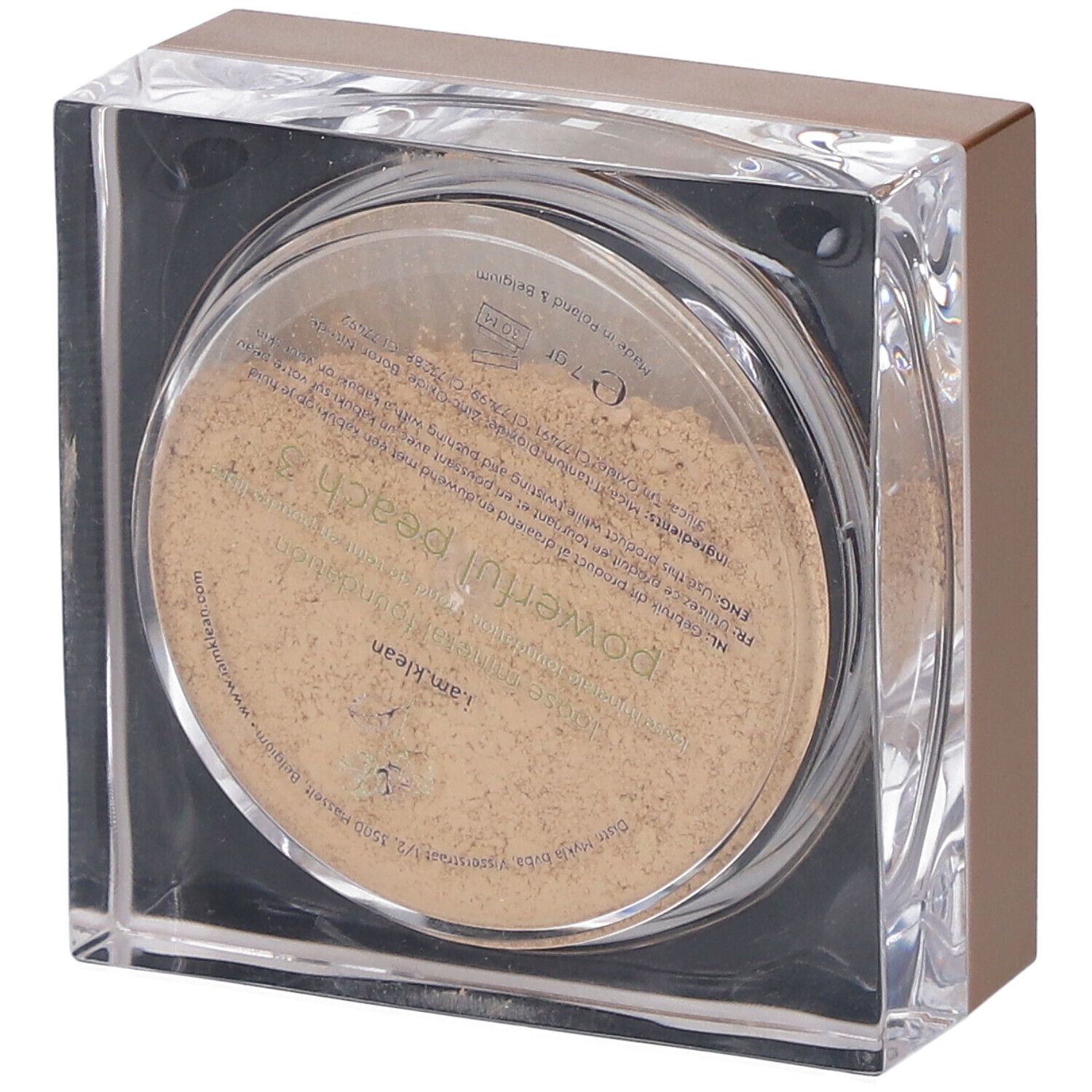 Transparante vierkante cosmeticaverpakking. Inhoud: los poeder. Op deksel: productinformatie en 'Powerful Peach 3'.